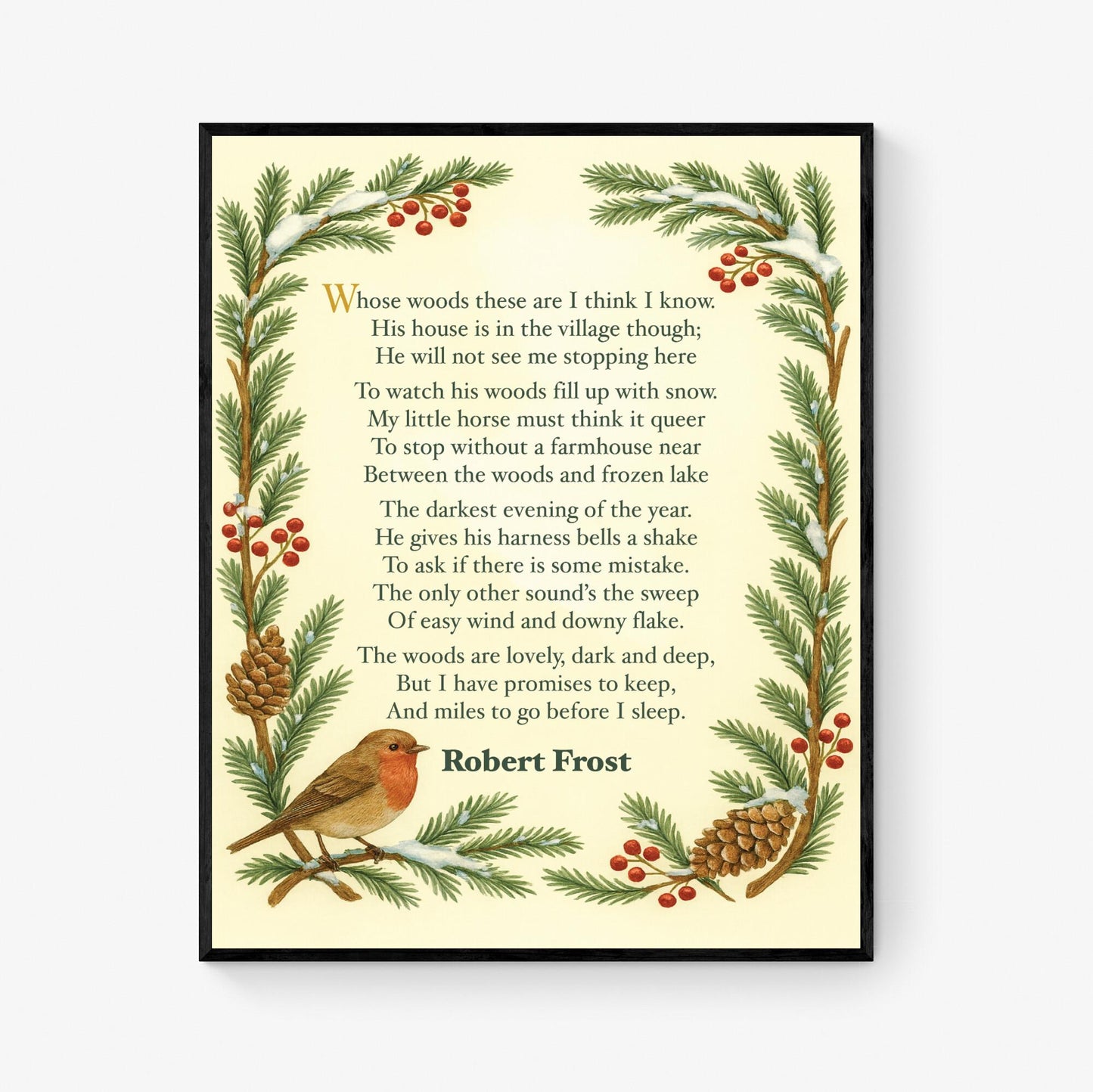 Robert Frost Quote Art Print | Stopping by Woods On A Snowy Evening | Poetry | Literary Book | Inspirational | Motivational Floral Poster