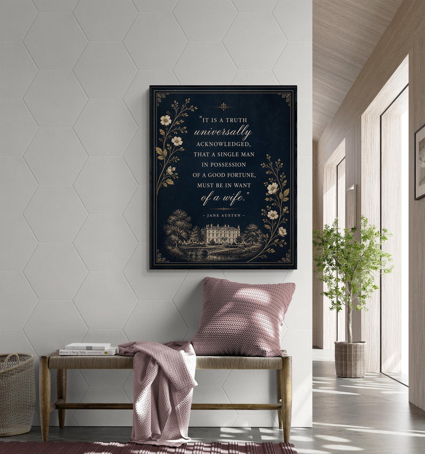 Jane Austen Quote Wall Art Print, Pride and Prejudice Opening Line, Literary Decor, Navy Blue Gold Botanical, Classic Book Lover Floral Gift