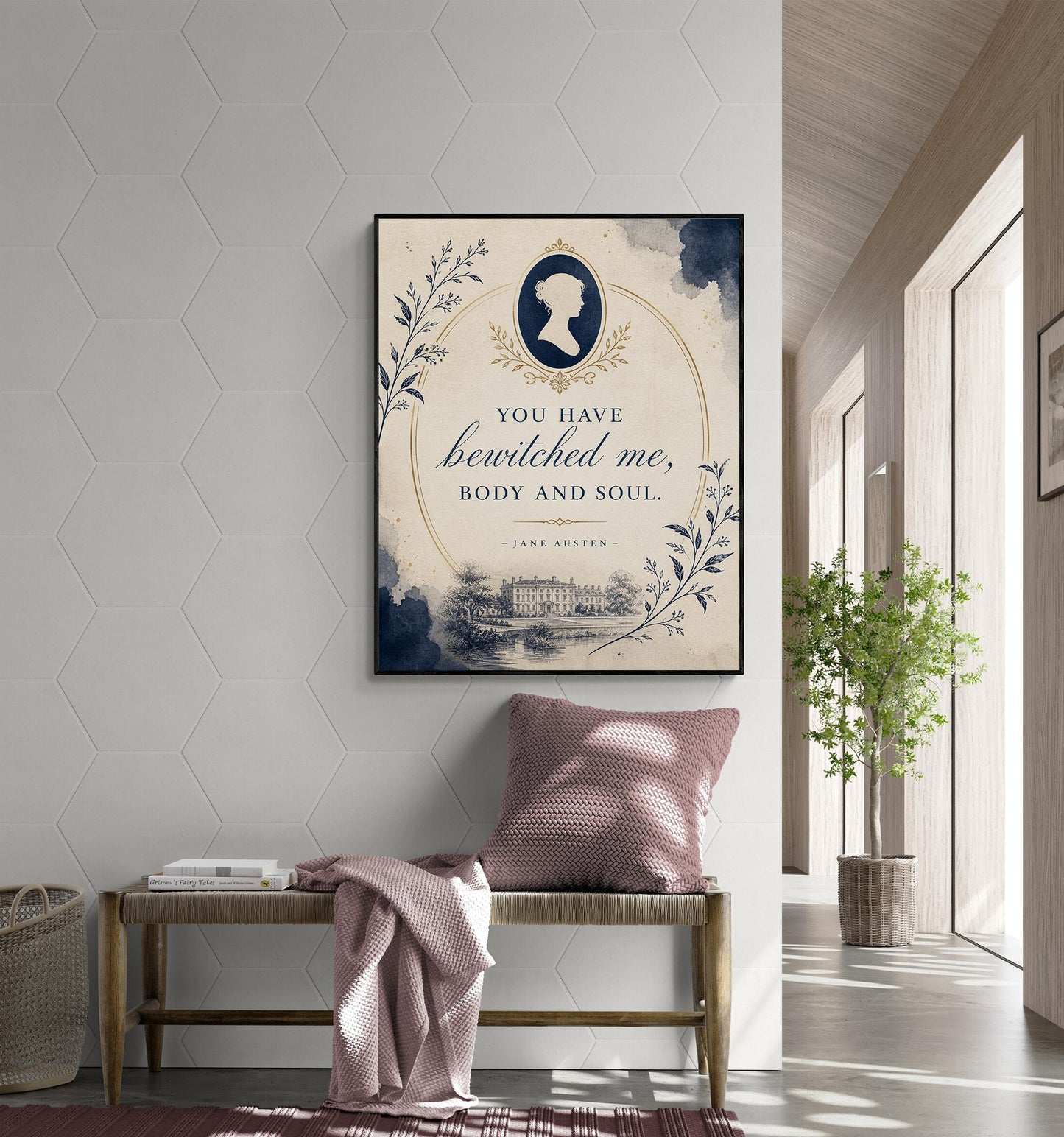 Pride and Prejudice Wall Art Print, Jane Austen Quote, You Have Bewitched Me Literary Decor, Blue Botanical, Classic Book Lover Floral Gift