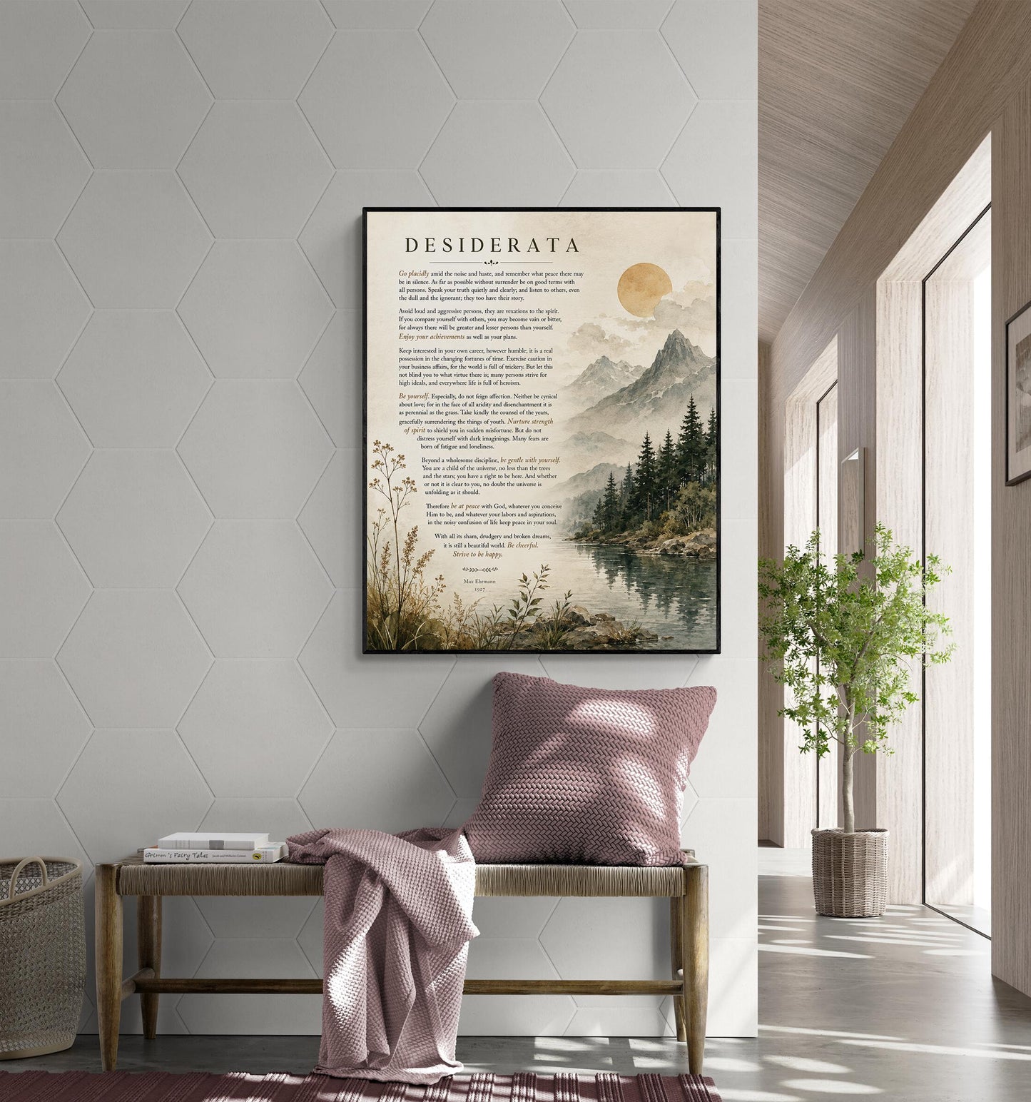 Desiderata Wall Art Print | Go Placidly Amid The Noise | Max Ehrmann Poem | Mountain Landscape | Literary Book | Inspirational Home Decor