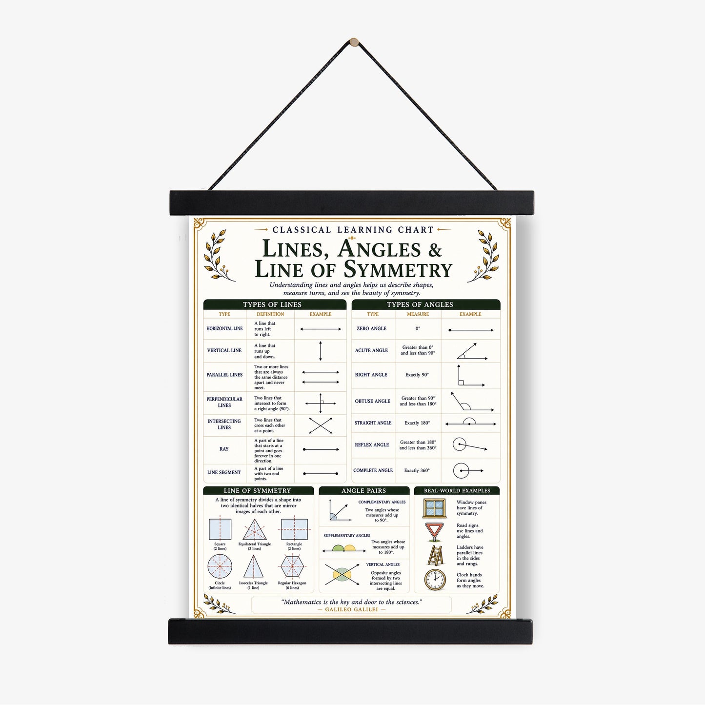 Lines Angles Symmetry Chart Wall Art Print, Classical Learning Poster, Math Teacher Classroom Reference, Homeschool, Elementary Room Decor