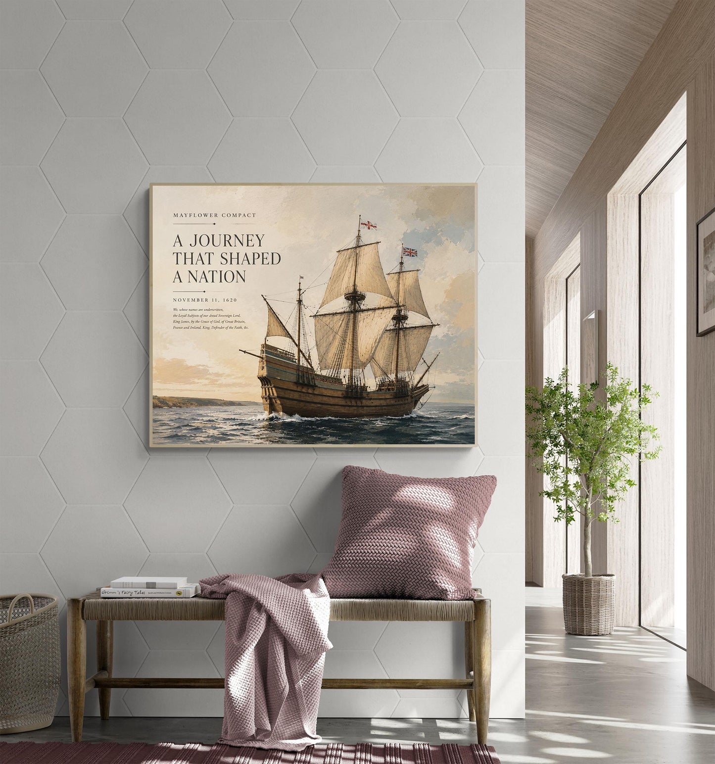 Mayflower Compact Wall Art Print, Pilgrim Ship Historical Artwork, American History Home Decor, Colonial Maritime, Founding Documents Gift