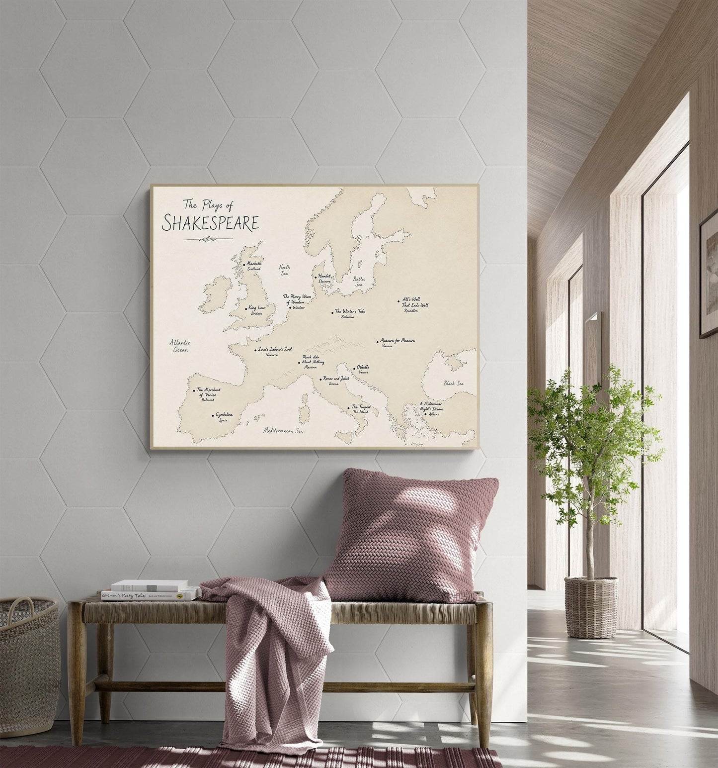 Shakespeare Plays Map of Europe Wall Art Print | Literary Poster | English Teacher Gift | Classroom Simple Home Decor