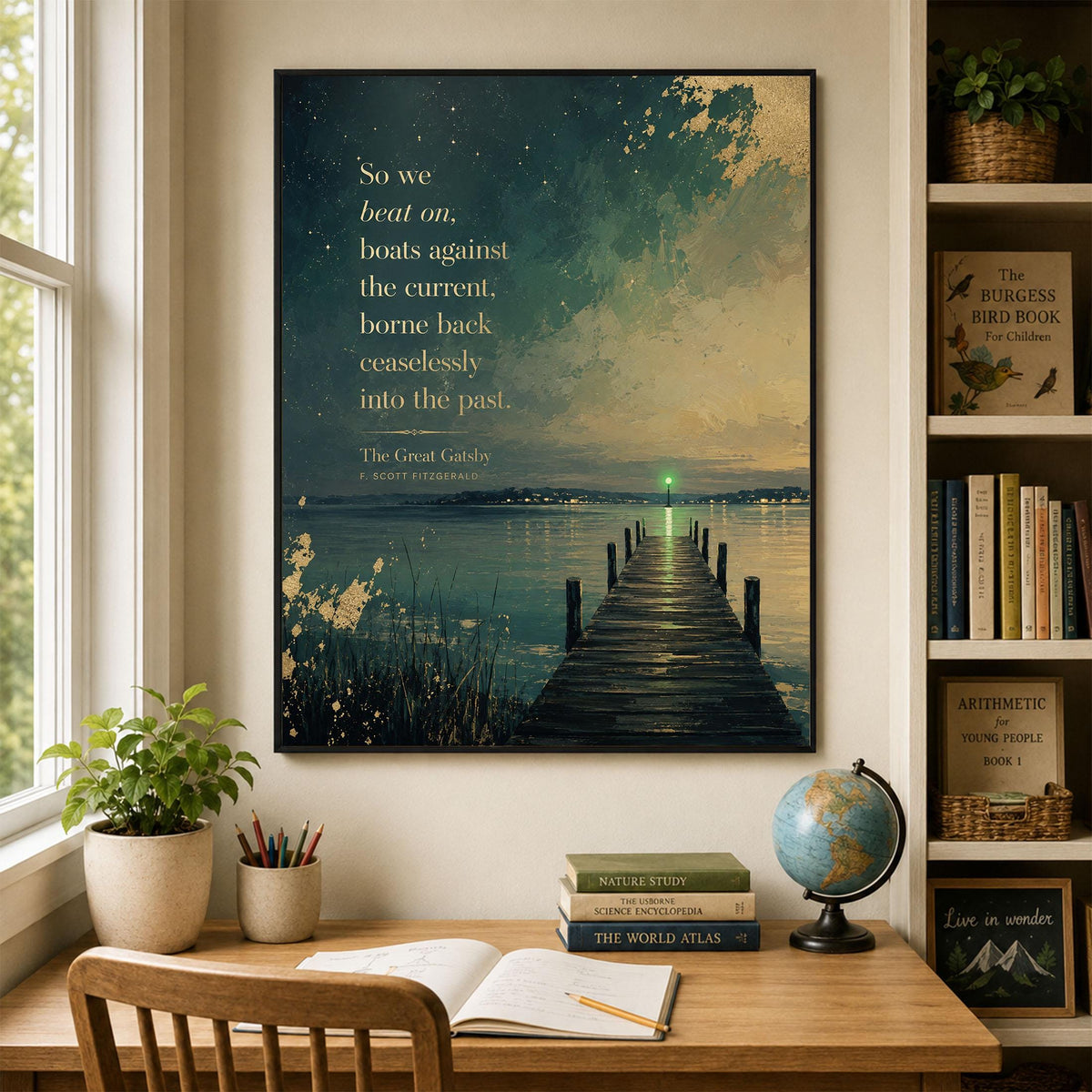 So We Beat On Art Print | Great Gatsby Quote | Green Light At The End Of Daisy's Dock | F. Scott Fitzgerald | Literary Home Decor | Poster