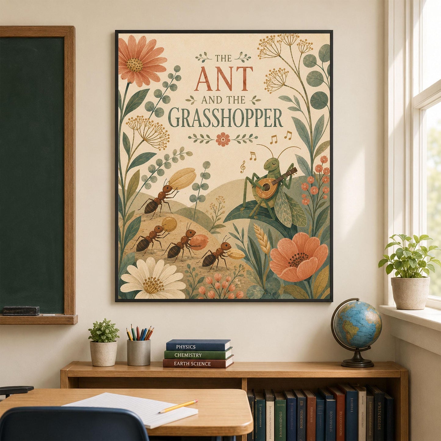 The Ant and the Grasshopper Nursery Wall Art Print | Aesop's Fable Home Decor | Reading Room | Kids Literature | Literary Poster