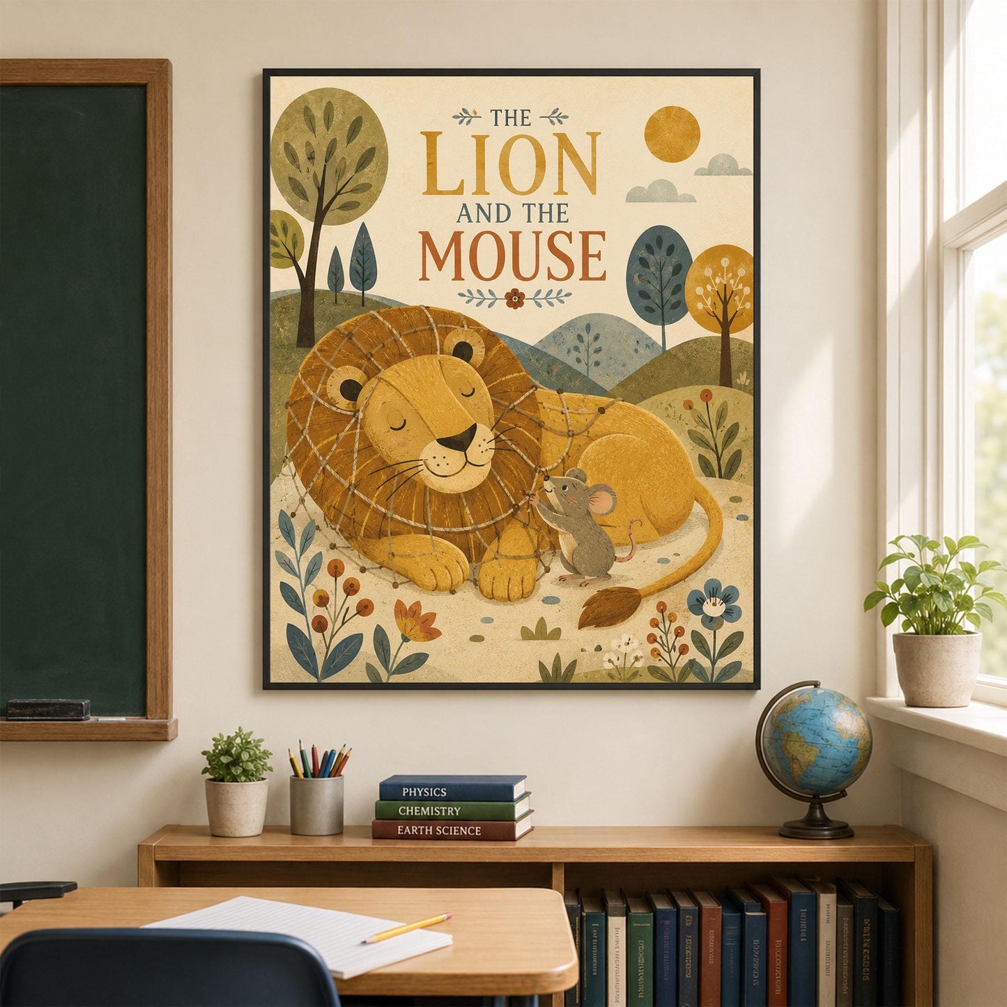 The Lion and the Mouse Nursery Wall Art Print | Aesop's Fable Home Decor | Reading Room | Kids Literature | Literary Illustration Poster
