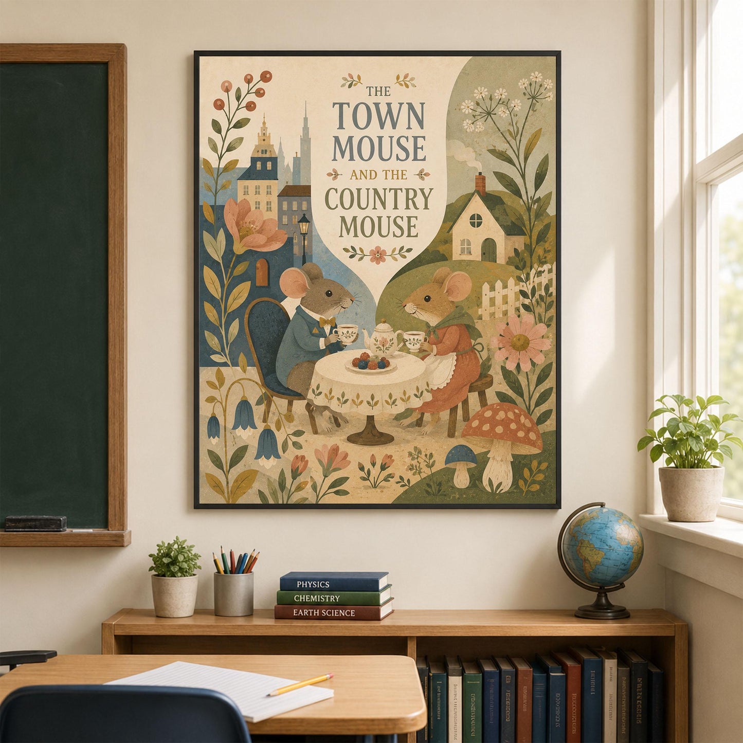 The Town Mouse and the Country Mouse Nursery Wall Art Print | Aesop's Fable Home Decor | Reading Room | Kids | Literary Illustration Poster