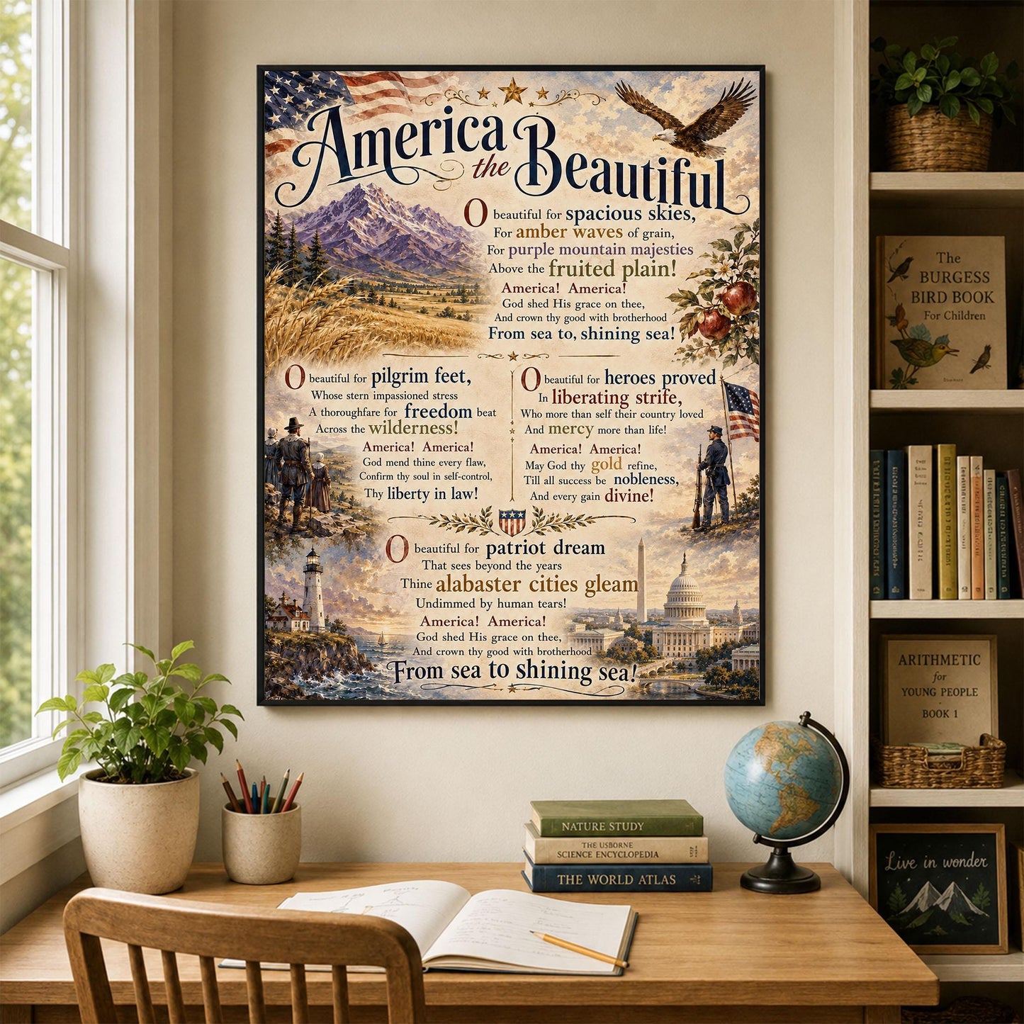 America the Beautiful Art Print, Patriotic Wall Art with Vintage Americana Poem, Historic Landscape Print
