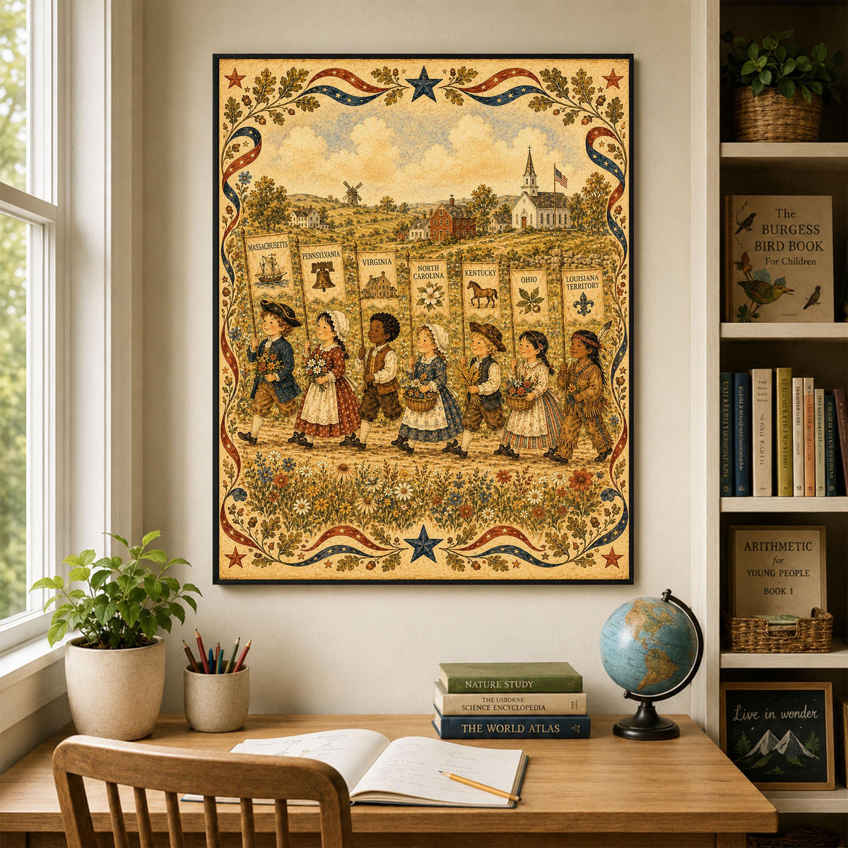 Colonial America State Banner Print | Patriotic Folk Art Wall Decor | Homeschool History Classroom Art | Americana | Portrait Mode