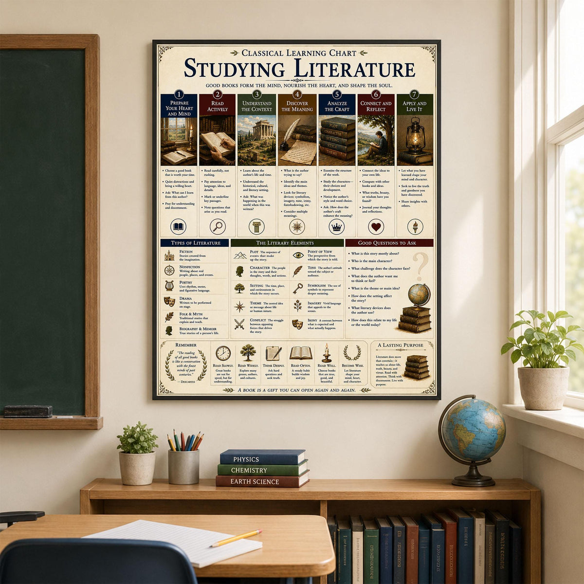 Studying Literature Wall Art Print, Classical Learning Chart, Literary Elements, Language Teacher Classroom Reference, Homeschool Decor