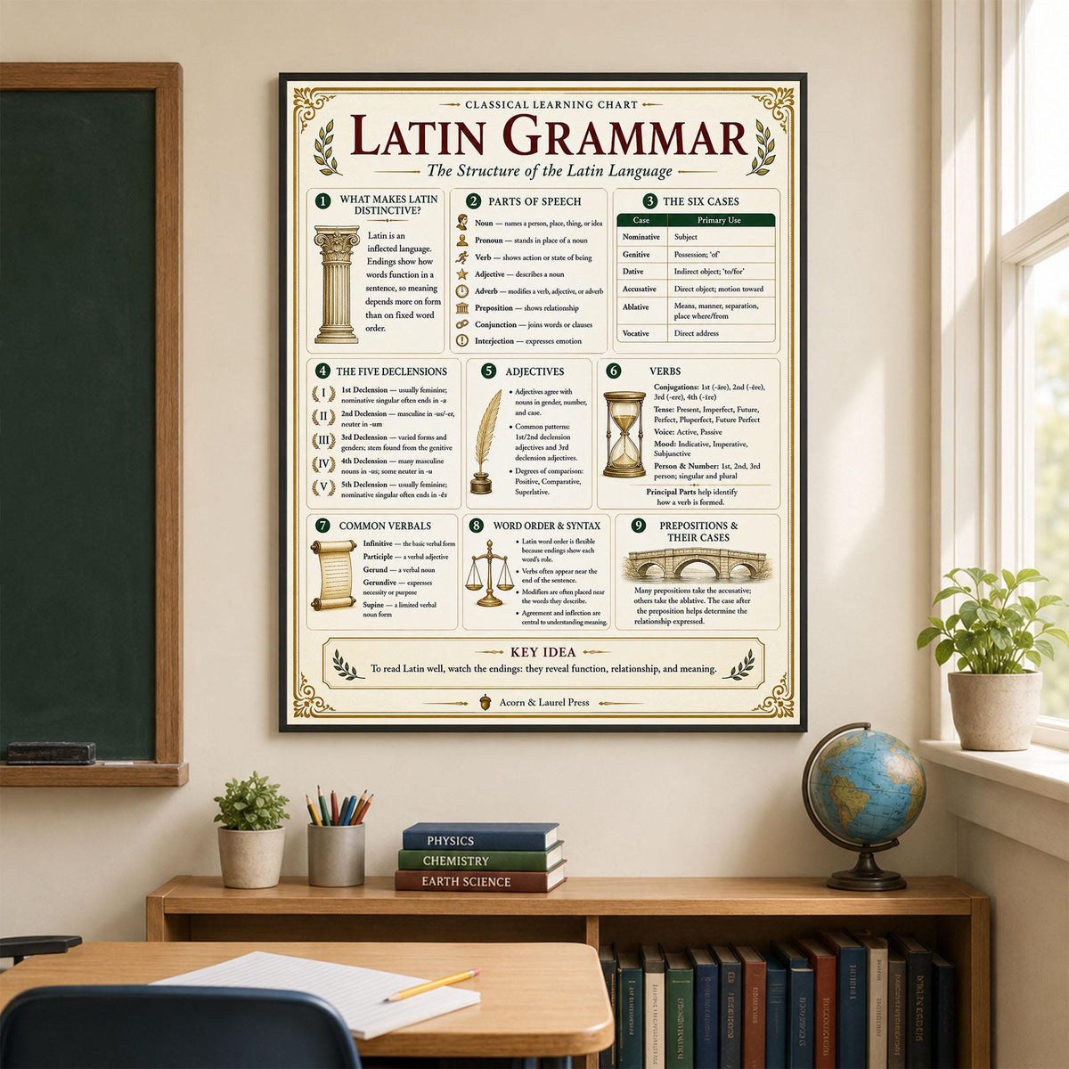 Latin Grammar Chart Wall Art Print, Classical Learning Poster, Latin Case Endings Reference, Homeschool, Study Room Decor