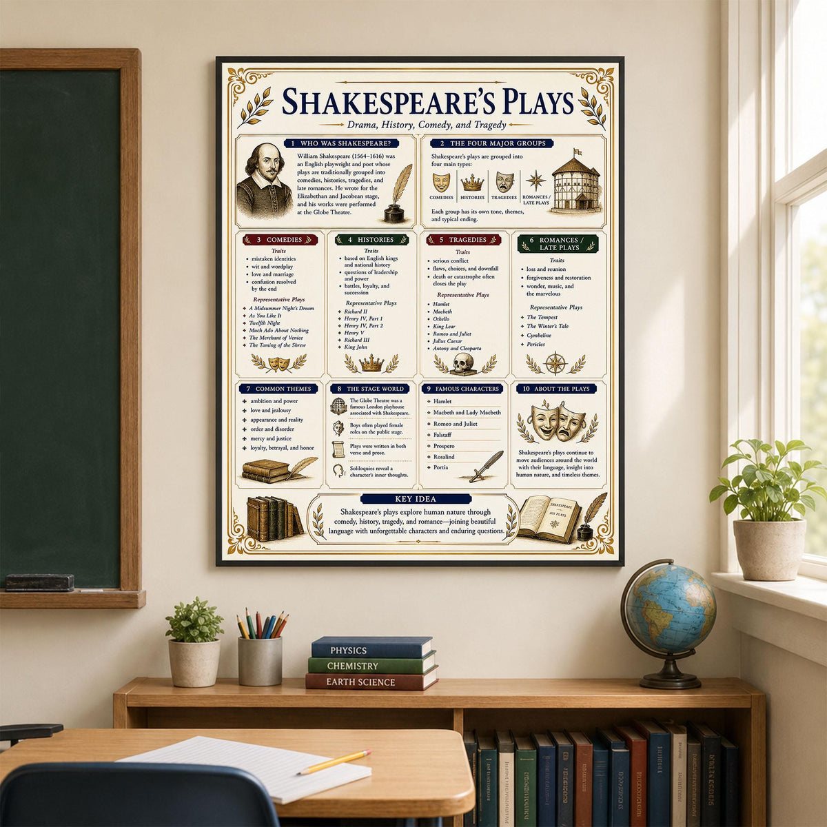 Shakespeare's Plays Chart Wall Art Print, Classical Learning Poster, Teacher Classroom Reference, Homeschool, Literary Study Room Decor