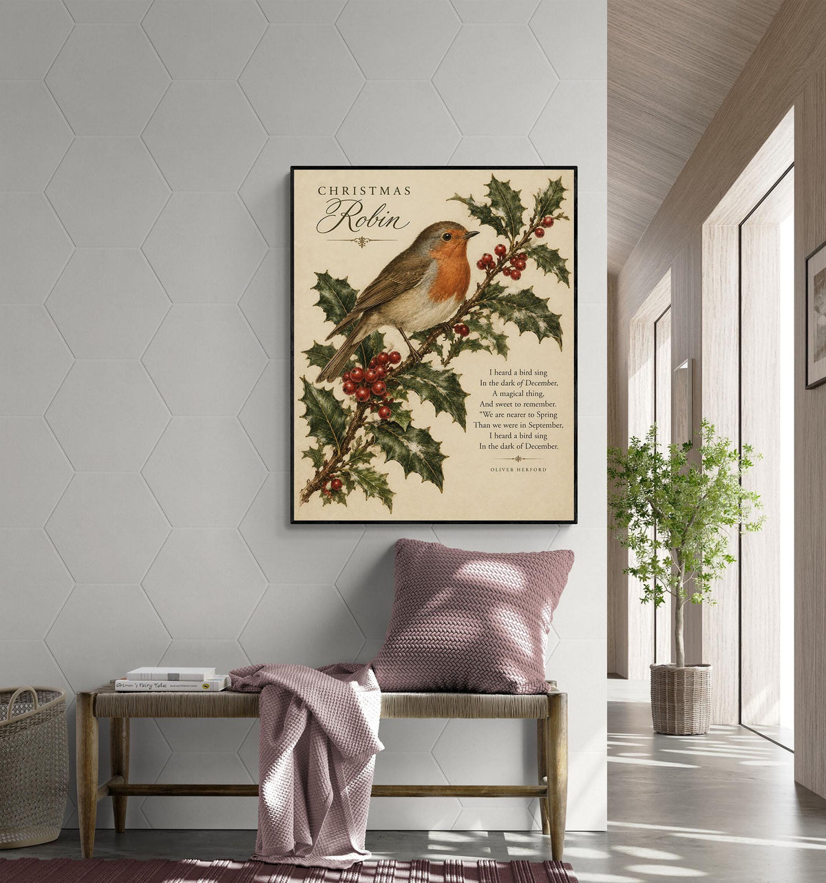 Christmas Bird Wall Art Print, Oliver Herford Winter Poem, Vintage Holiday Home Decor