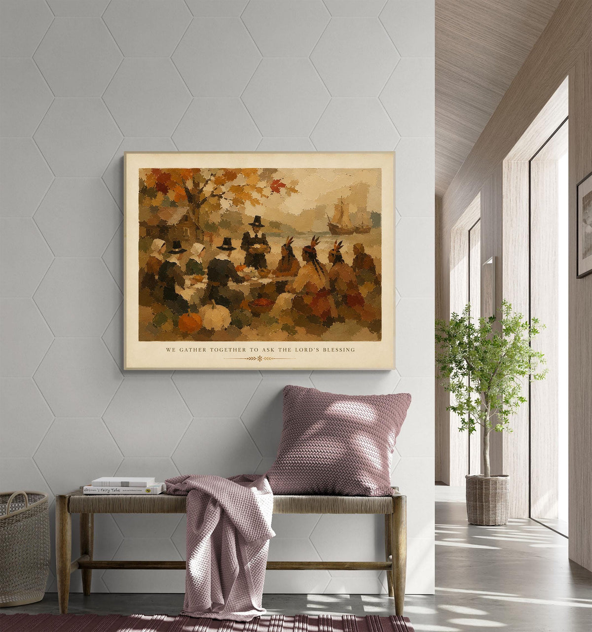 First Thanksgiving Art Print | We Gather Together | Pilgrims And Native Americans | Fall | Autumn Home Decor
