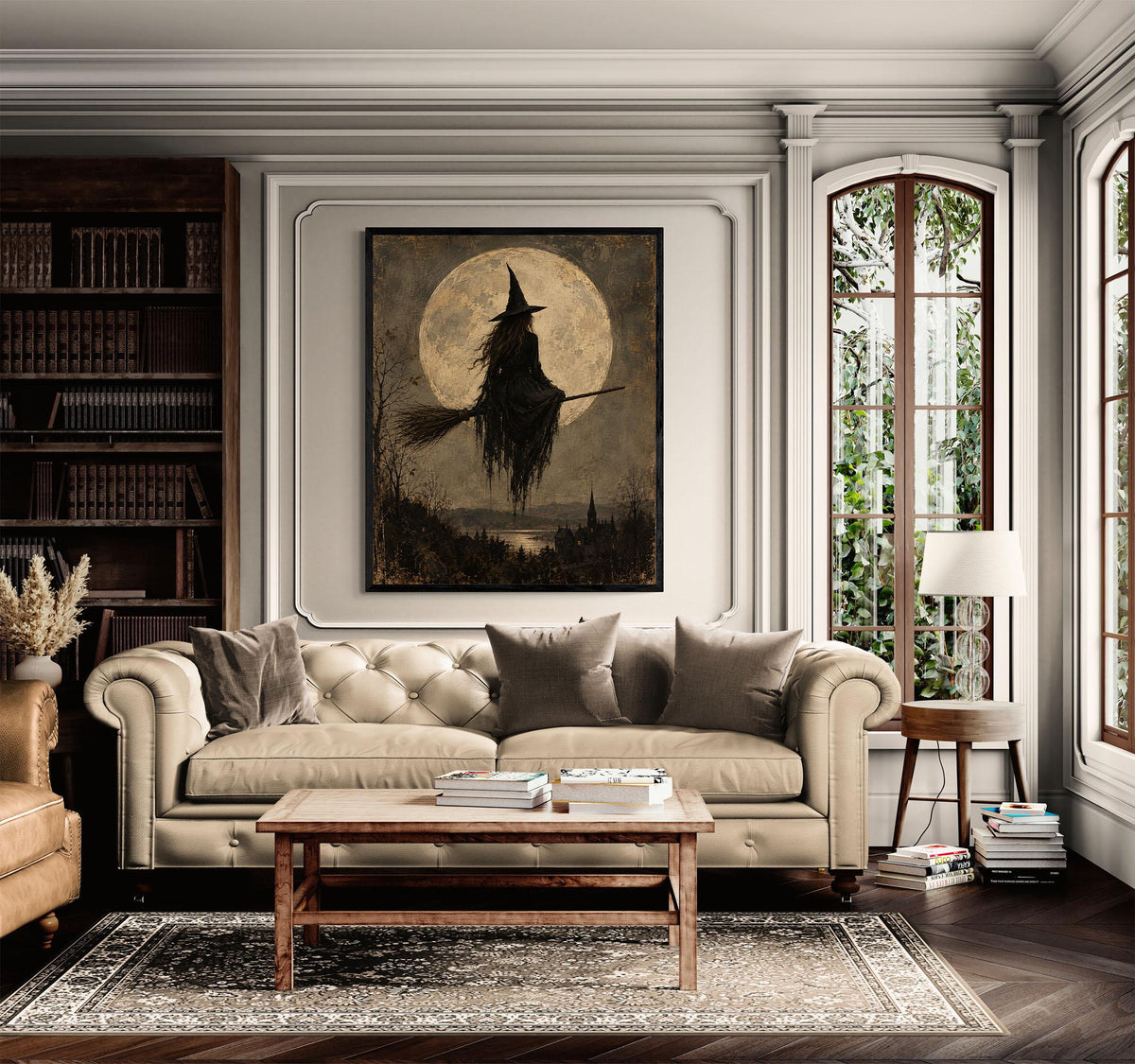 Gothic Witch Moon Art Print, Vintage Halloween, Broomstick, Landscape Wall Home Decor