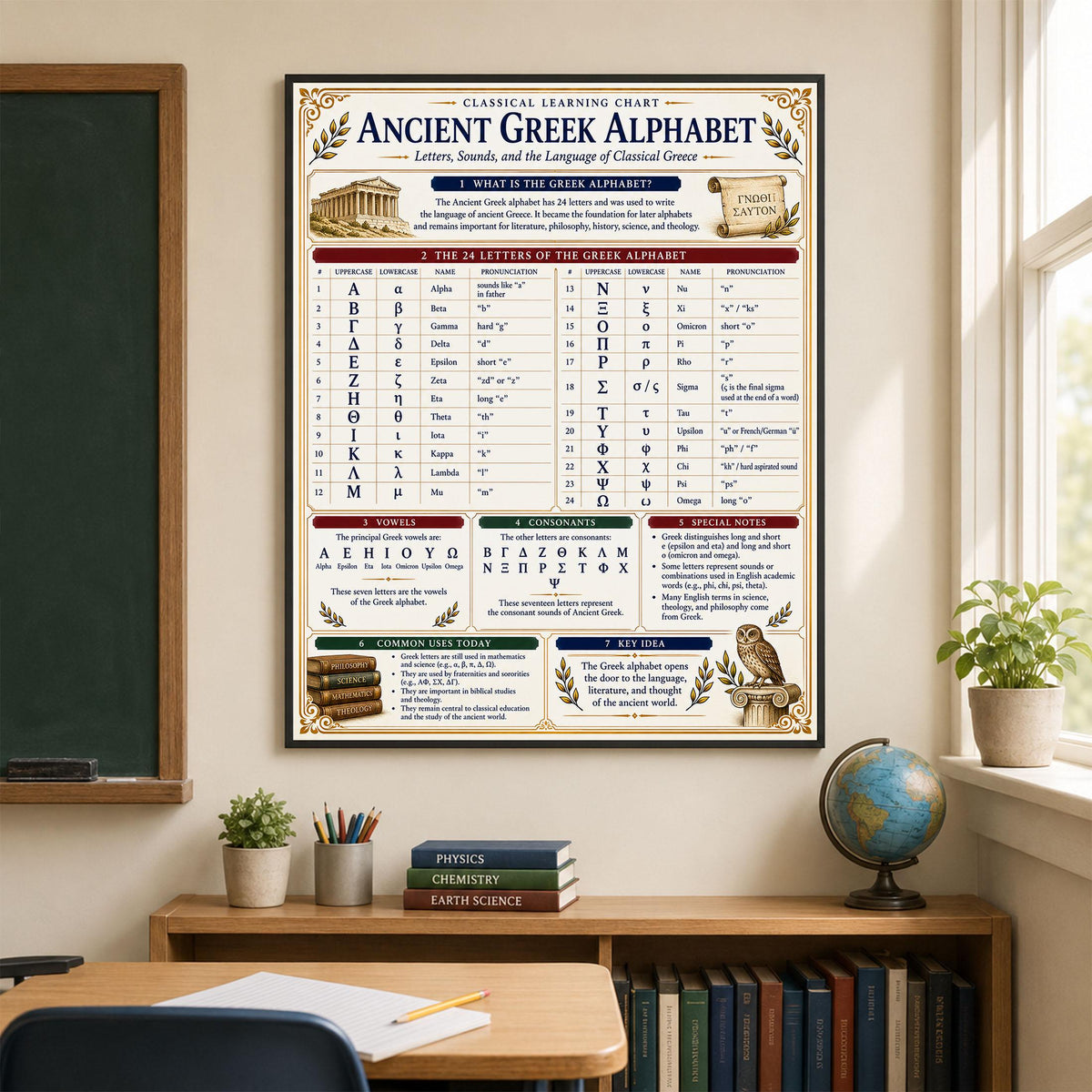 Ancient Greek Alphabet Chart Wall Art Print, Classical Learning Poster, Reference, Homeschool, Study Room Decor