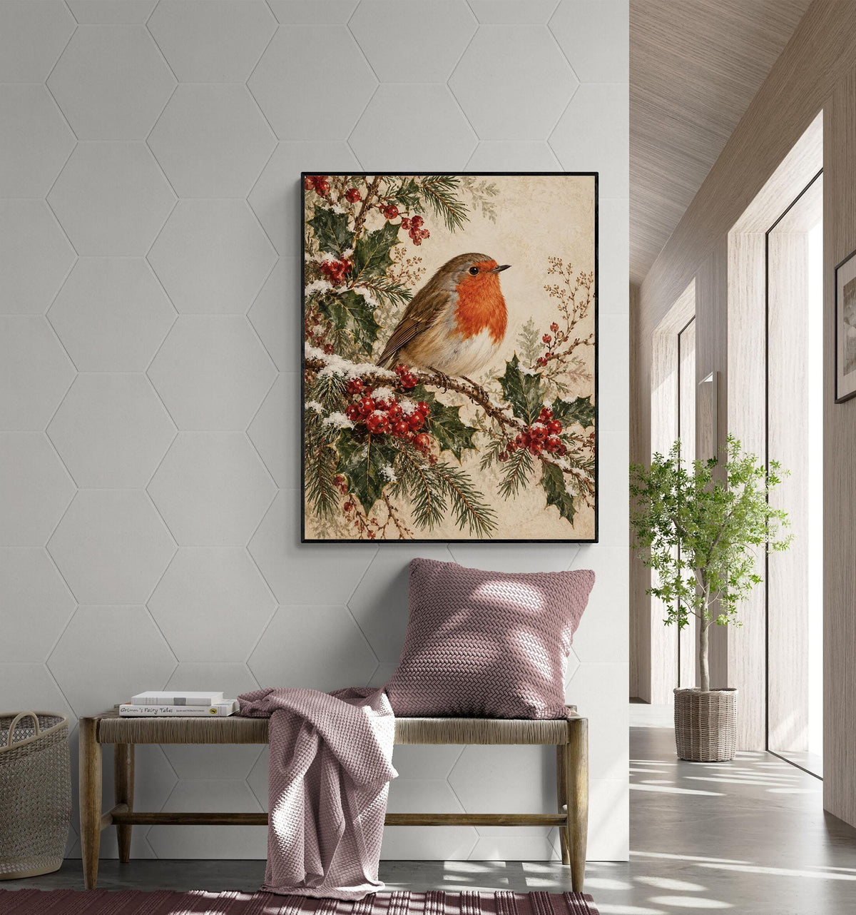 Christmas Robin Art Print, Vintage Christmas Bird Wall, Winter Holly and Berries, Traditional Holiday Home Decor