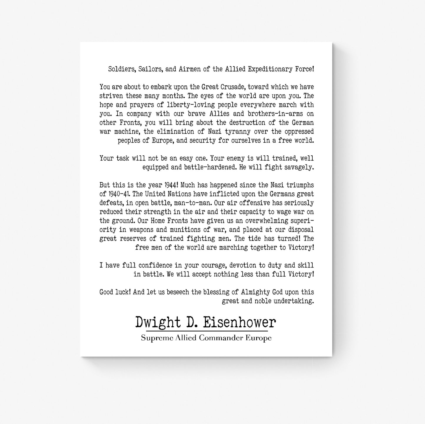 Eisenhower D-Day Order Art Print – WWII Military Typography Wall Art | Inspirational Historic Speech Poster | Home Decor Vintage-Style Gift