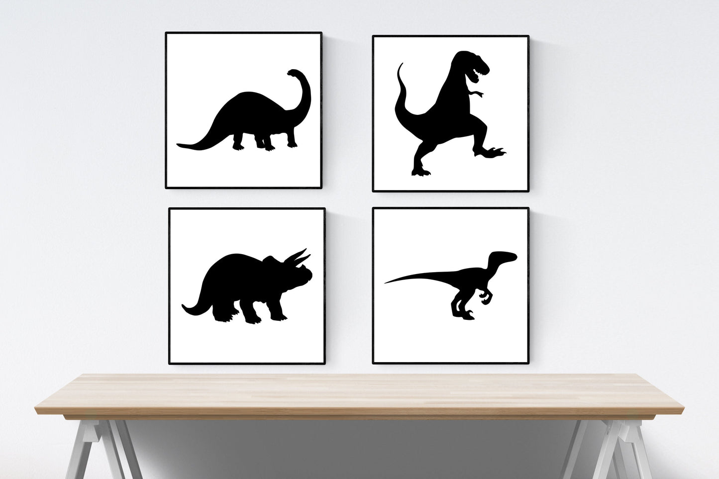 Dinosaurs Silhouettes 8"x8" Bundle of 4 Art Print Posters | Brachiosaurus, Triceratops, Tyrannosaurus Rex, Velociraptor | Jurassic Park