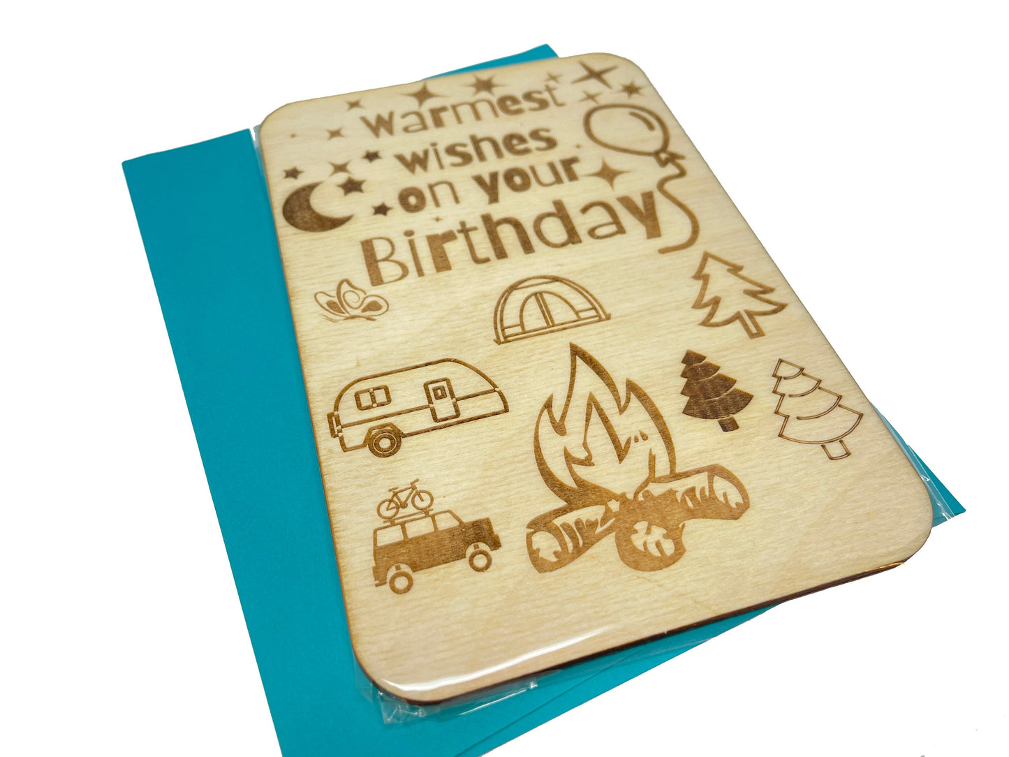 Happy Birthday Card | Camping Theme | Warmest Wishes On Your Birthday | Made of Baltic Birch Wood