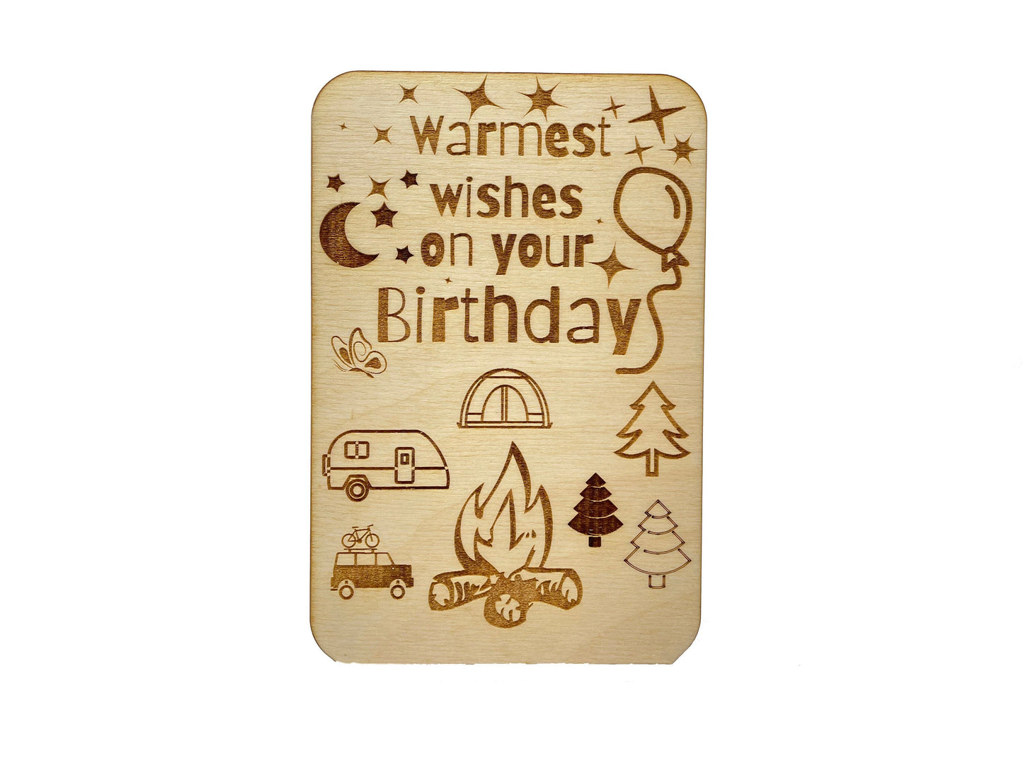 Happy Birthday Card | Camping Theme | Warmest Wishes On Your Birthday | Made of Baltic Birch Wood