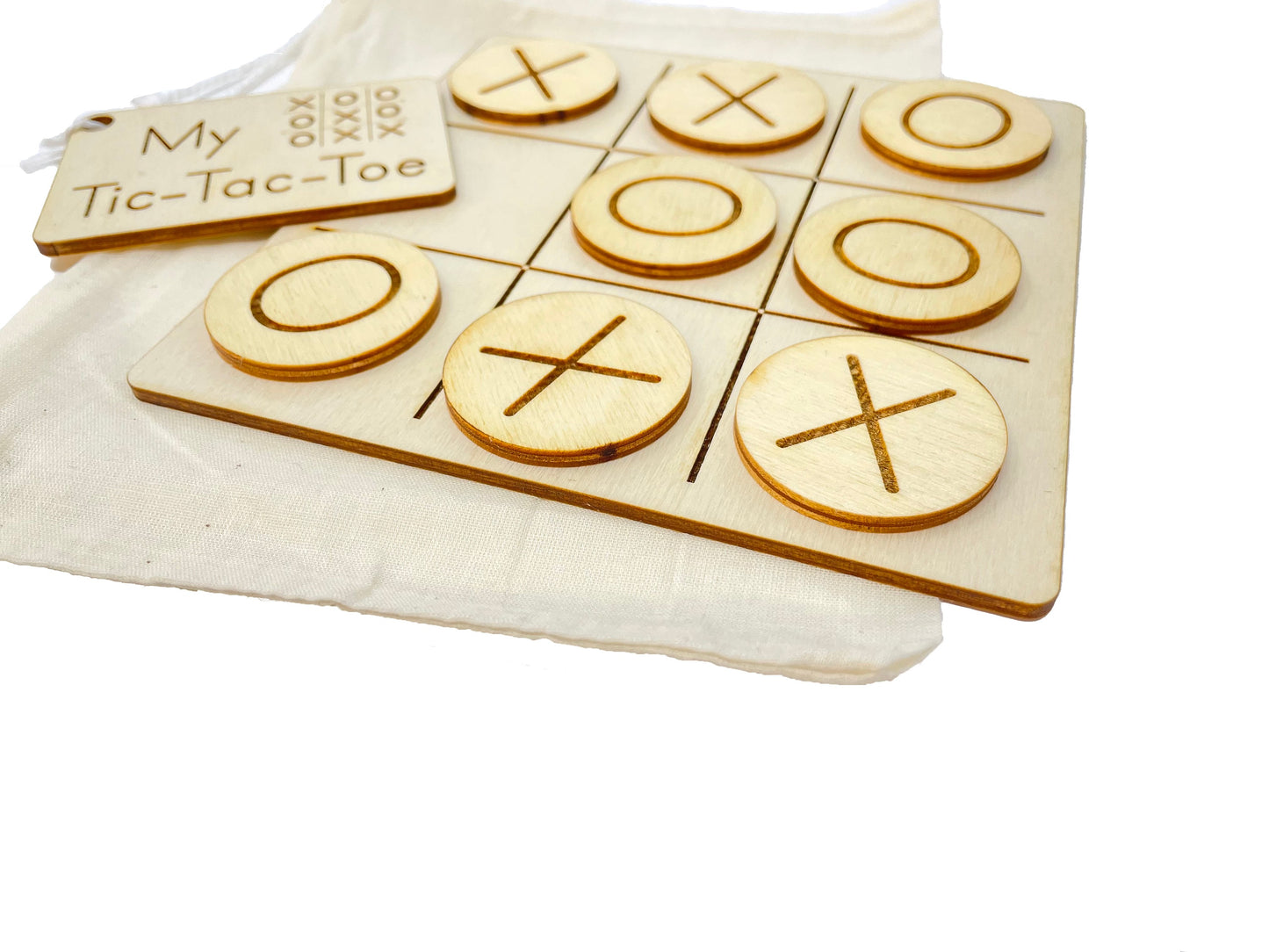 Tic-Tac-Toe | Wooden Game | Party Favor | Montessori | Early Education | Logic | Burlap Bag Game
