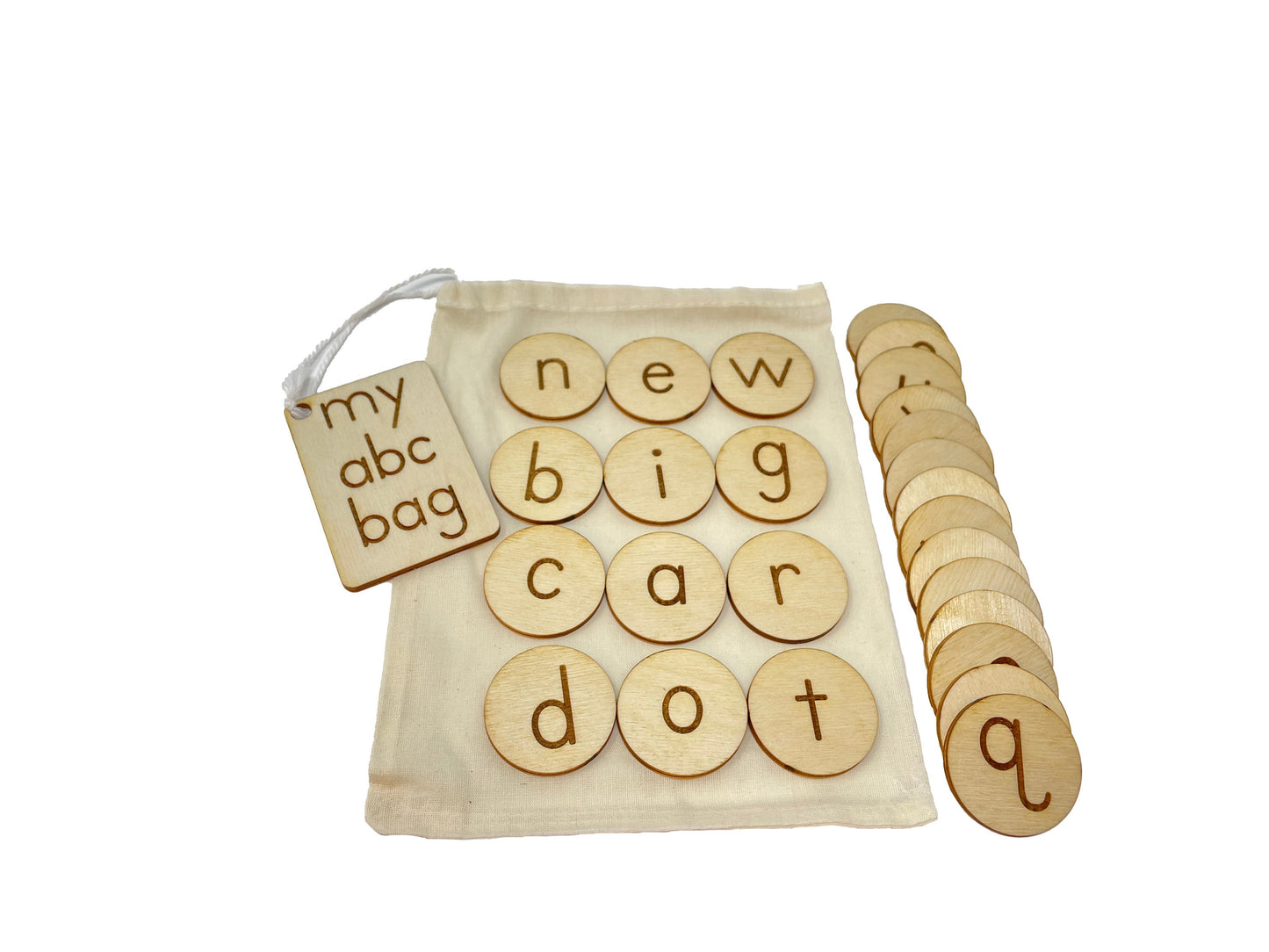 My ABC Bag | Lower Case Letters Only | Wooden Game | Montessori | Early Education | Learning Alphabet | Spelling Toys | Burlap Bag Game