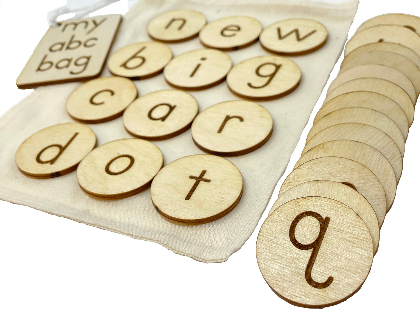 My ABC Bag | Lower Case Letters Only | Wooden Game | Montessori | Early Education | Learning Alphabet | Spelling Toys | Burlap Bag Game
