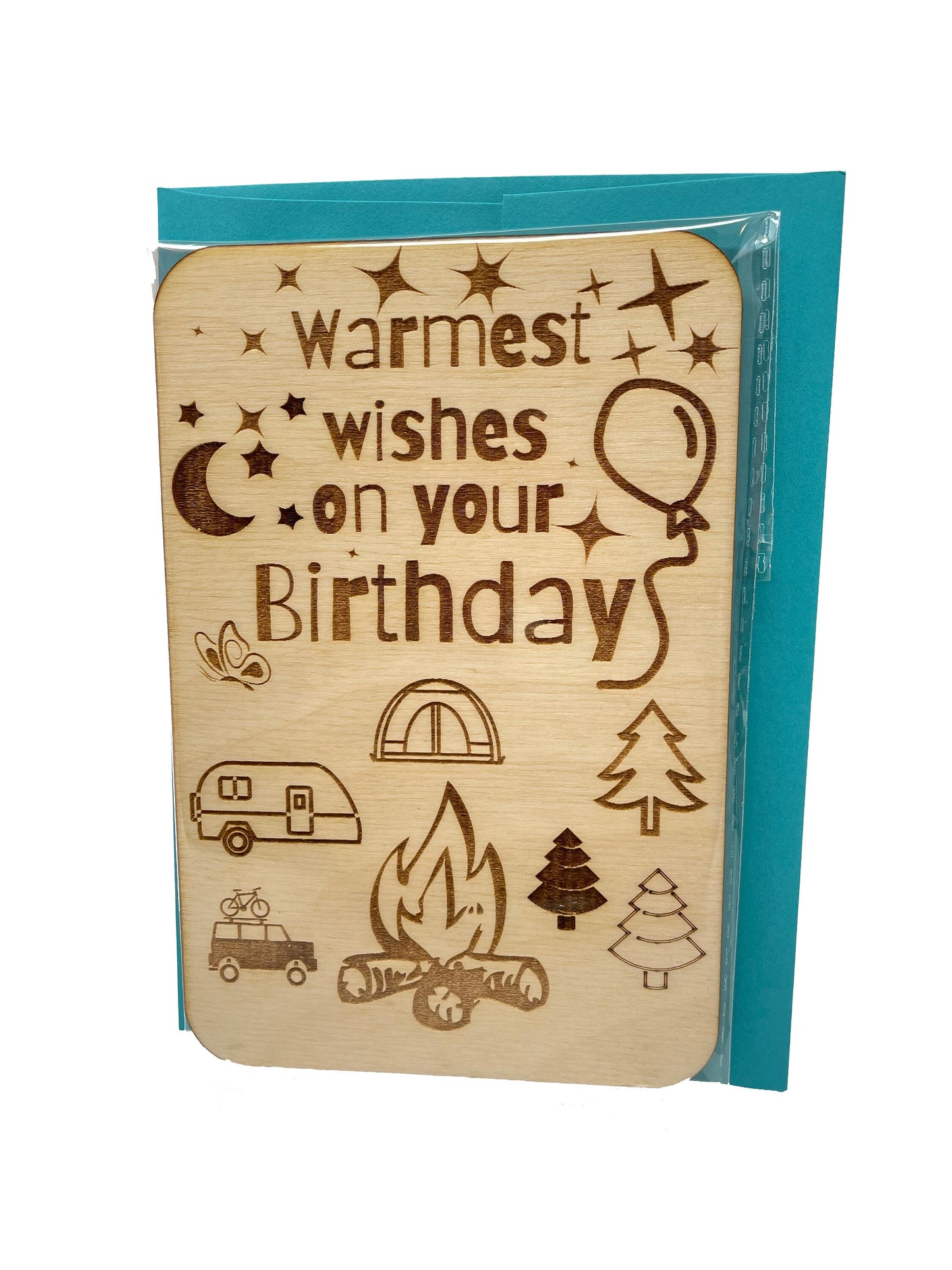Happy Birthday Card | Camping Theme | Warmest Wishes On Your Birthday | Made of Baltic Birch Wood