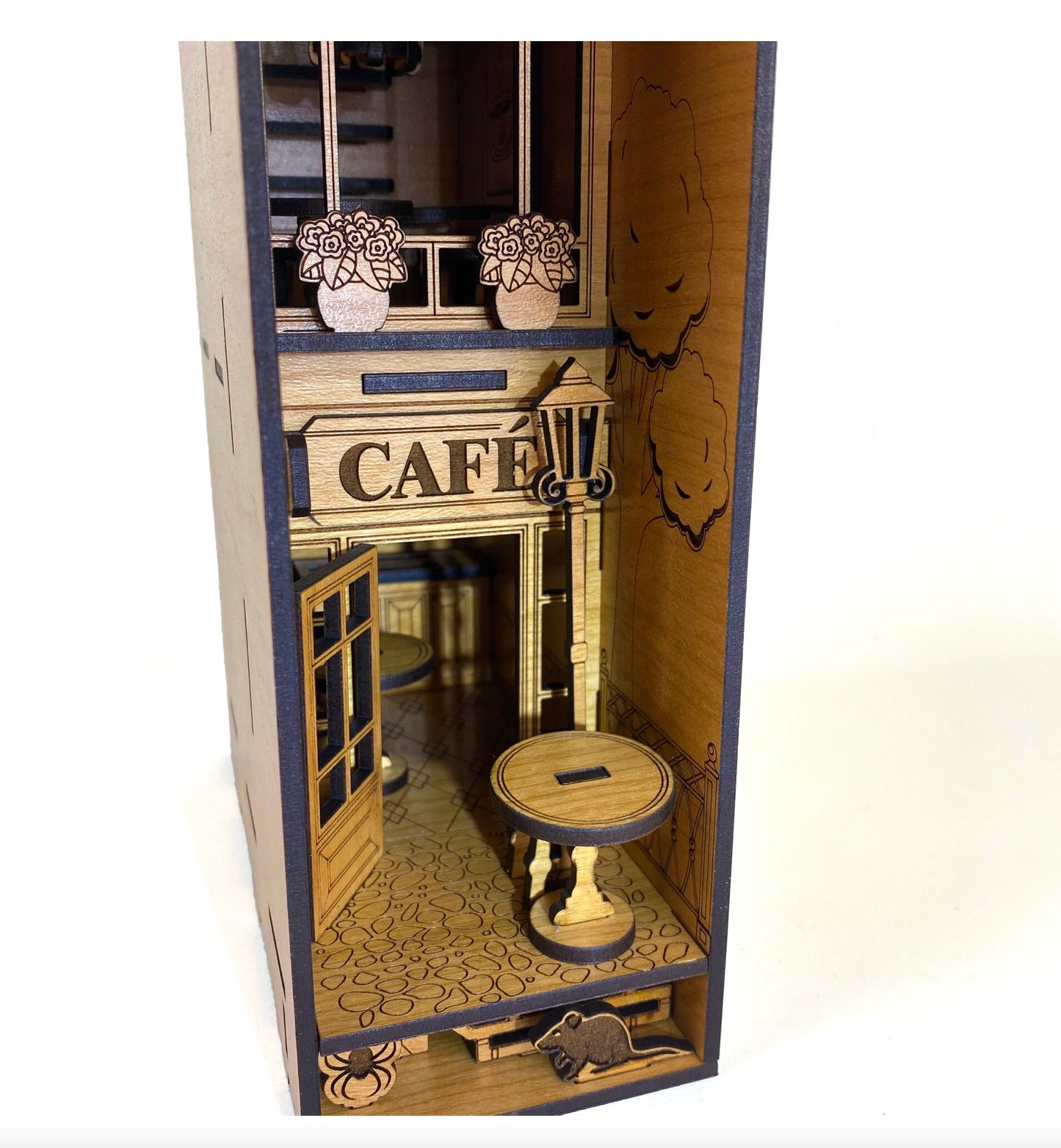 Cafe Book Nook with Friendly Creatures | Assembly And Painting Required | Bookshelf Nook Insert