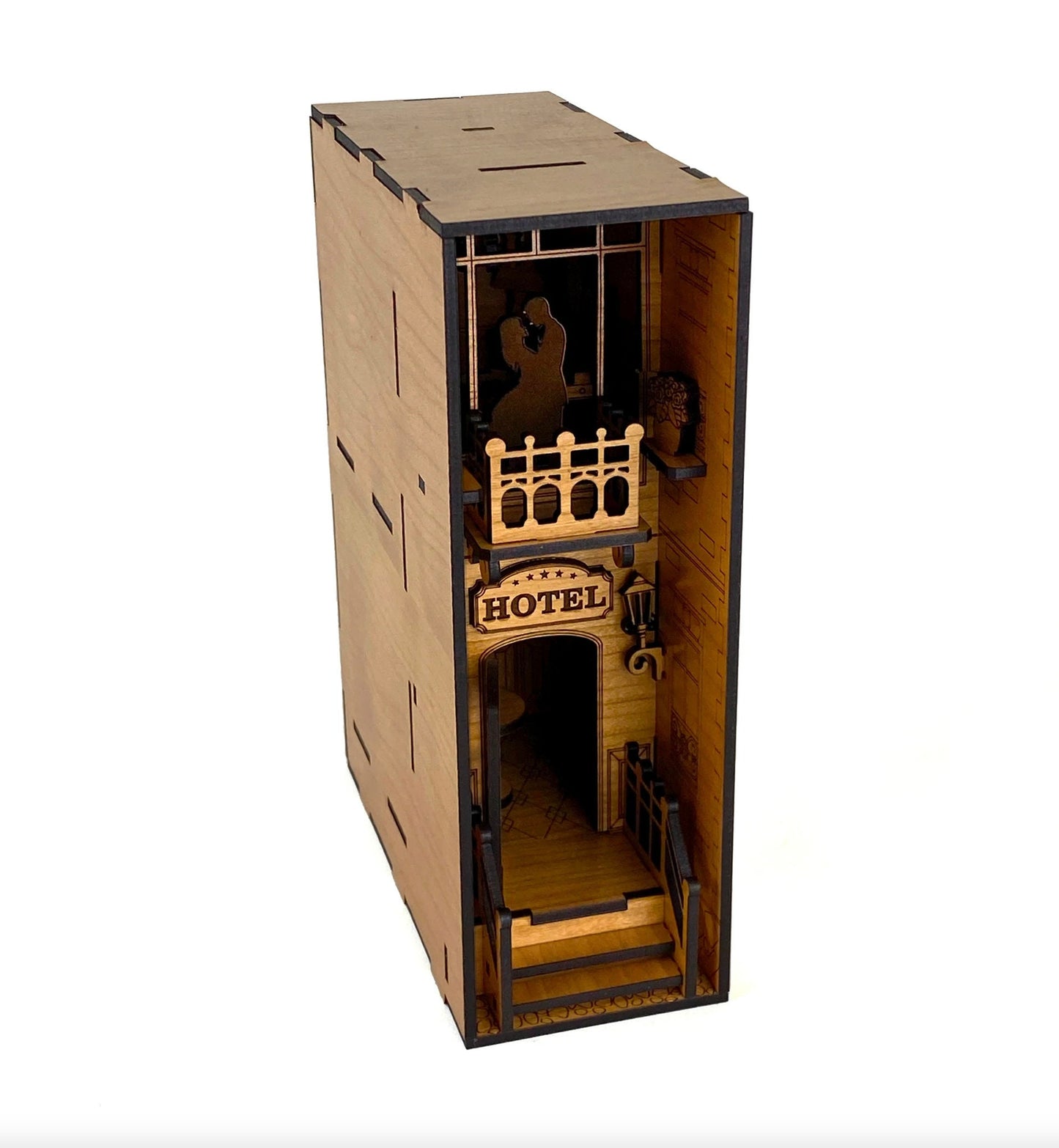 Book Nook Hotel with Decorative Balcony Scene | Assembly And Painting Required | Bookshelf Nook Insert
