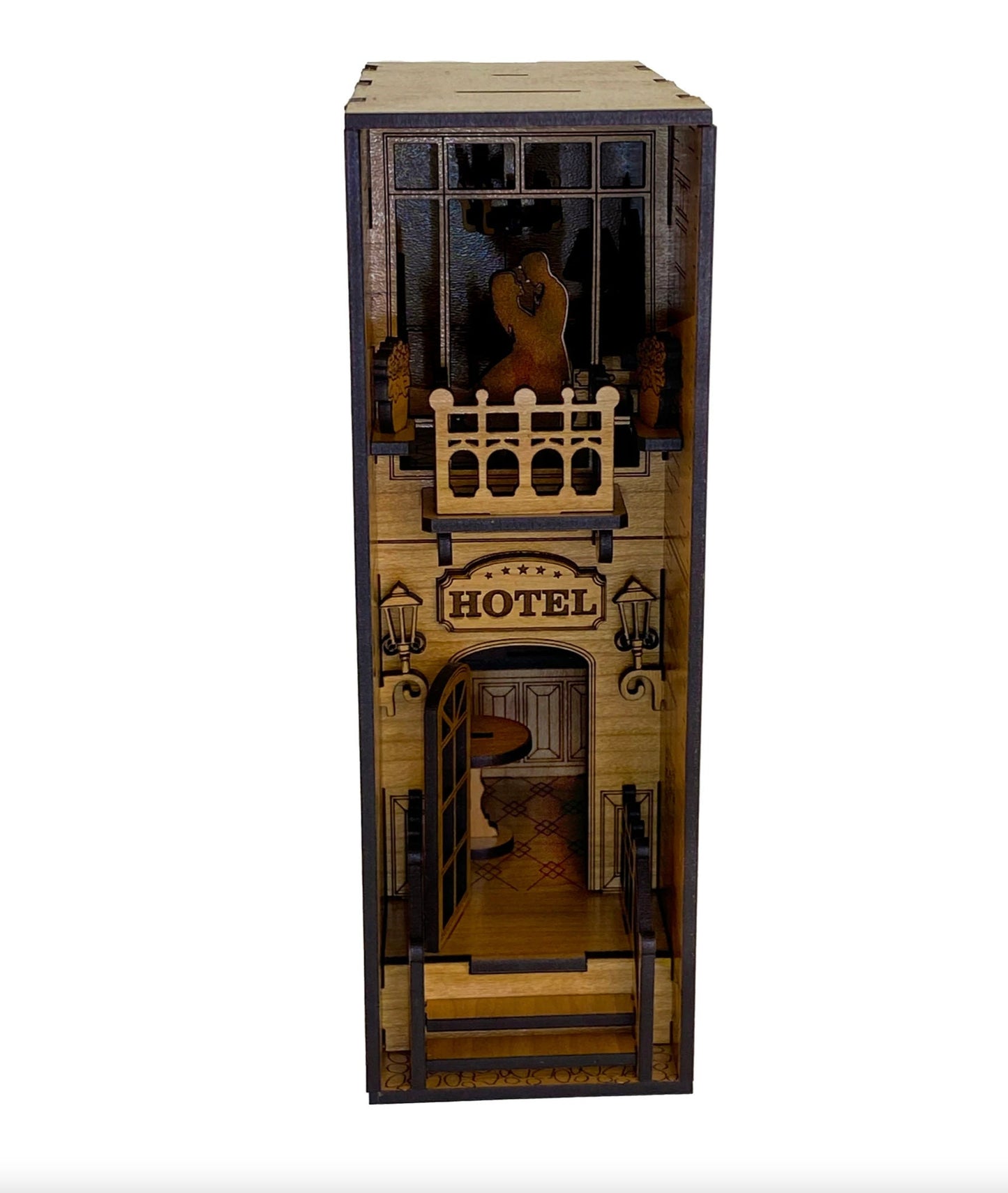 Book Nook Hotel with Decorative Balcony Scene | Assembly And Painting Required | Bookshelf Nook Insert