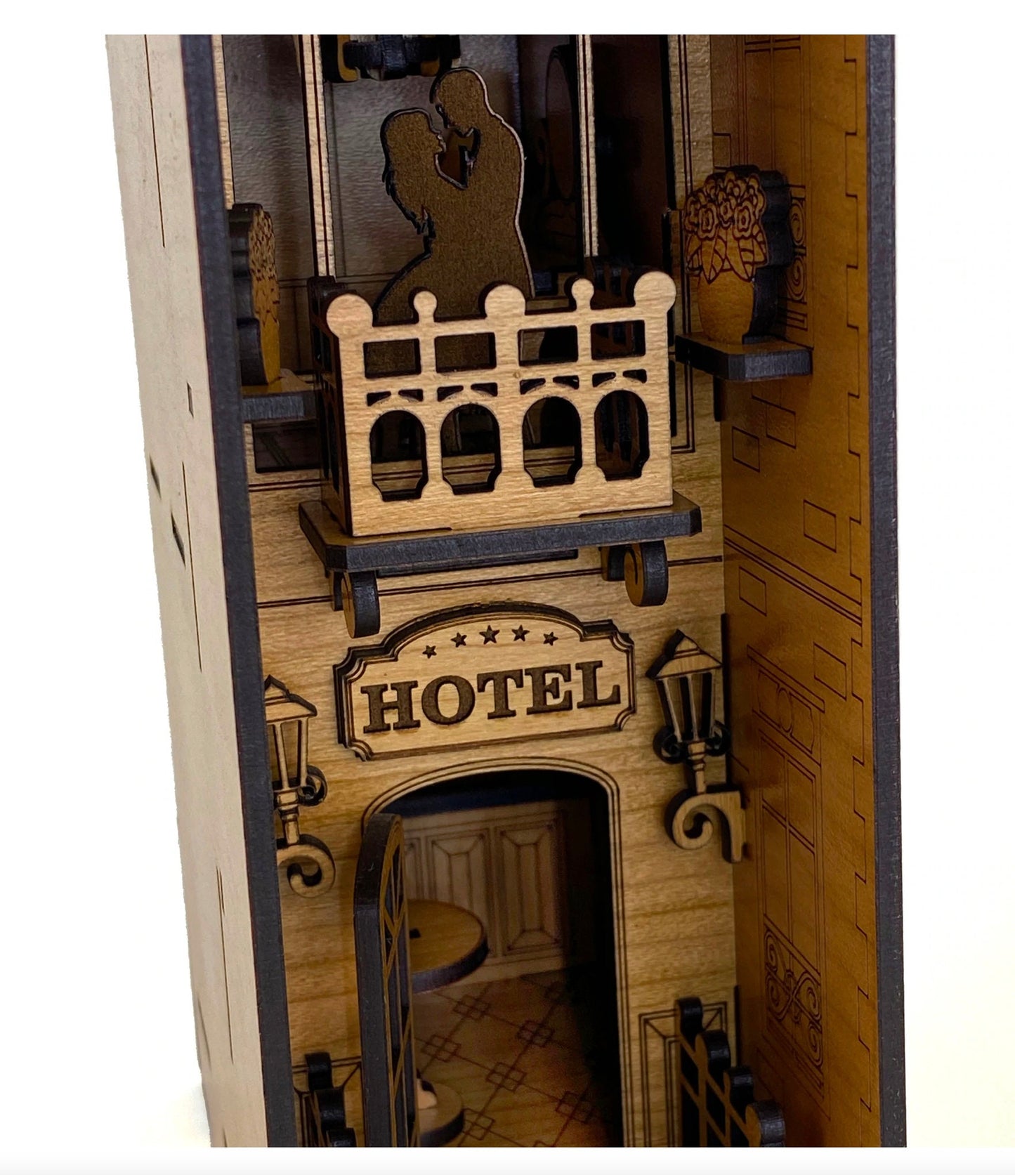 Book Nook Hotel with Decorative Balcony Scene | Assembly And Painting Required | Bookshelf Nook Insert
