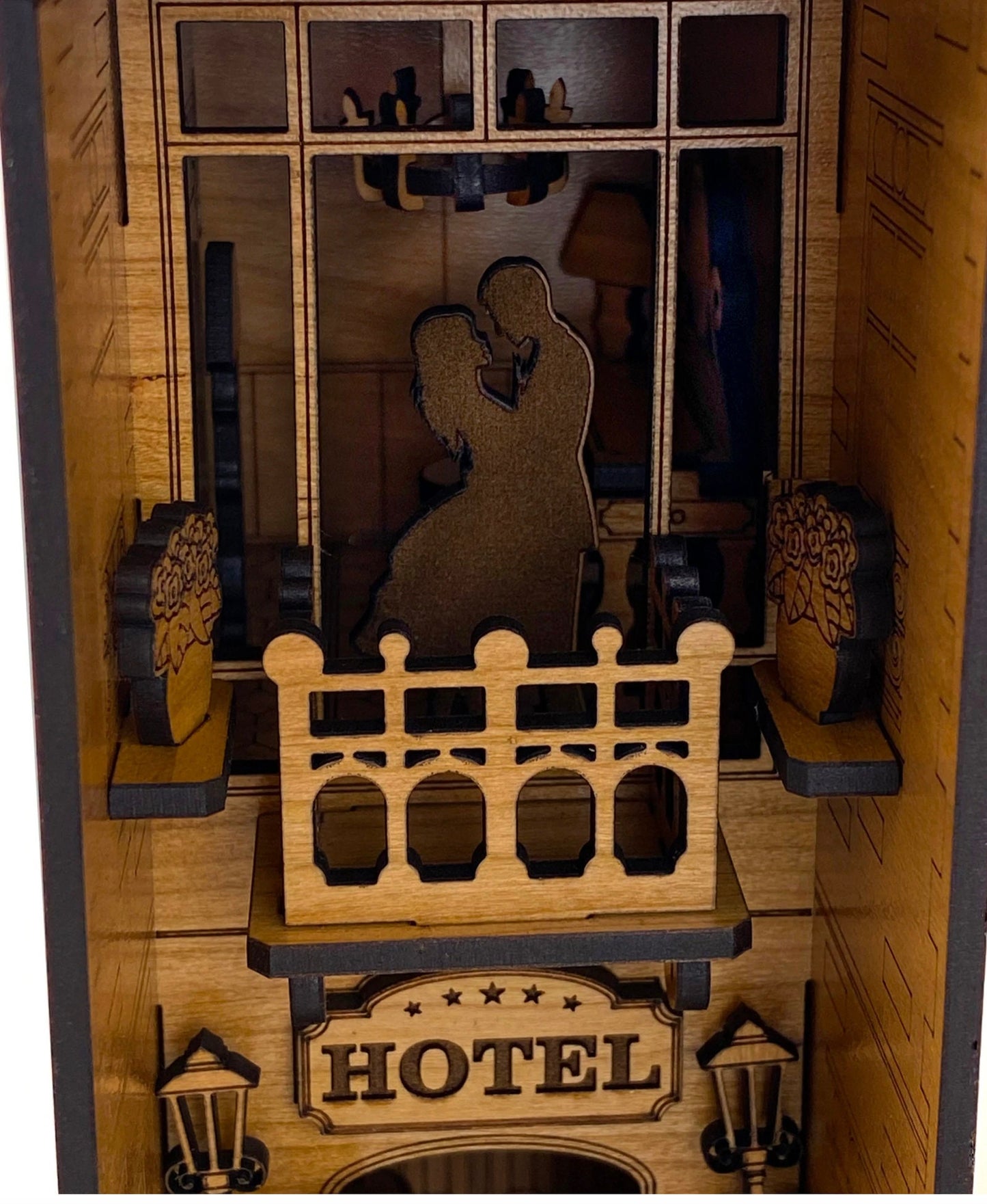 Book Nook Hotel with Decorative Balcony Scene | Assembly And Painting Required | Bookshelf Nook Insert