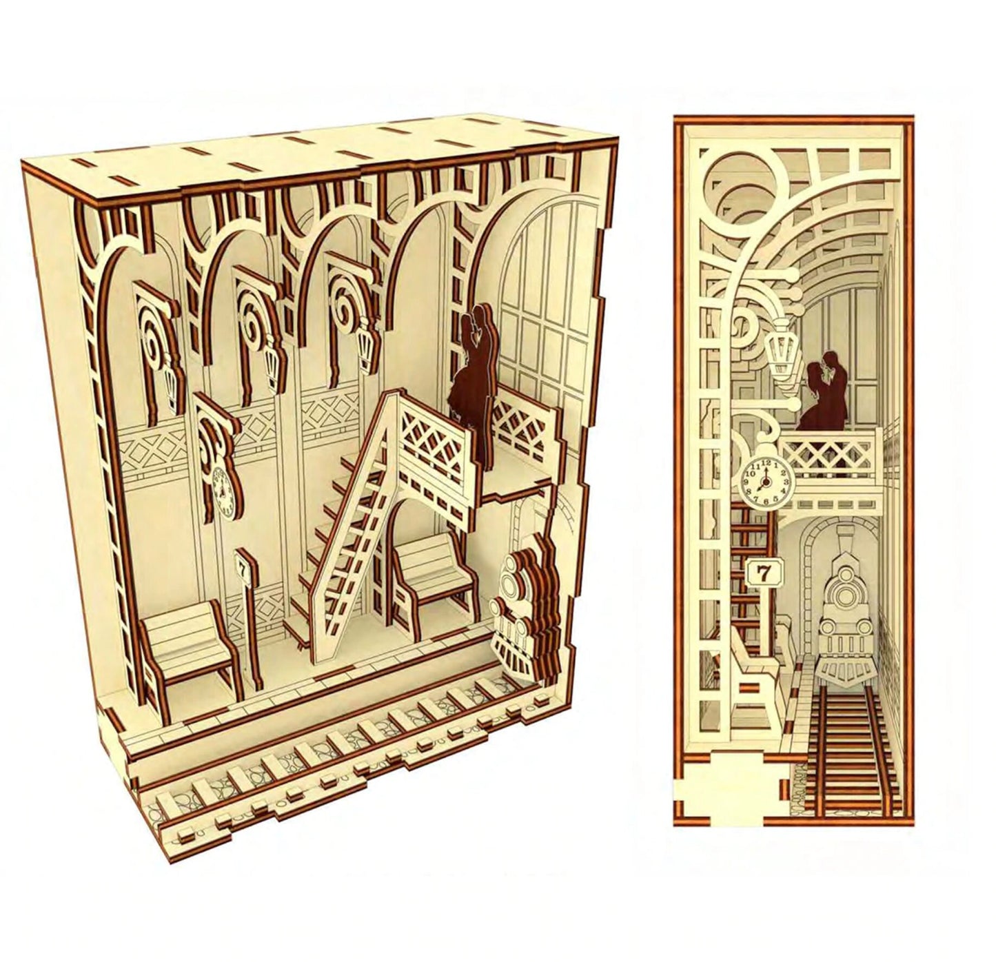 Set of 3 | Cafe Book Nook, Hotel, and Railway | Assembly And Painting Required | Bookshelf Nook Insert