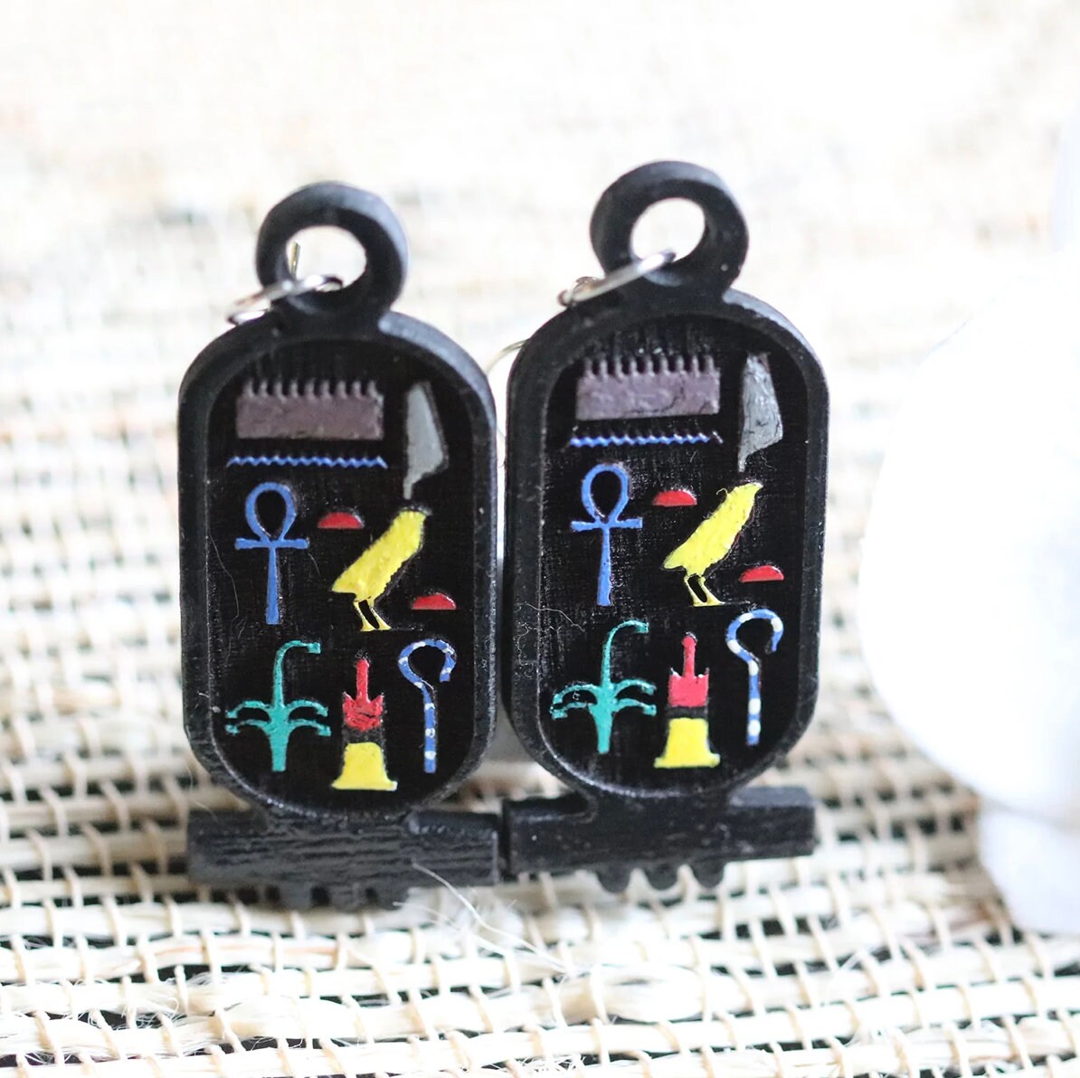 Tutankhamen, Ruler Of Heliopolis, The Northern City Of The Sun Earrings | Egyptian Hieroglyphs | Wood | Dangle Earring