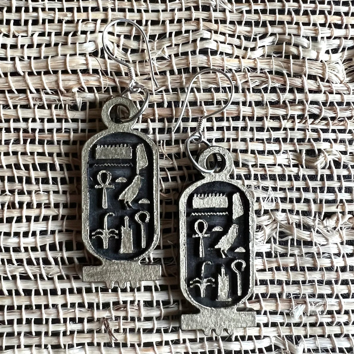Tutankhamen, Ruler Of Heliopolis, The Northern City Of The Sun Earrings | Egyptian Hieroglyphs | Wood | Dangle Earring