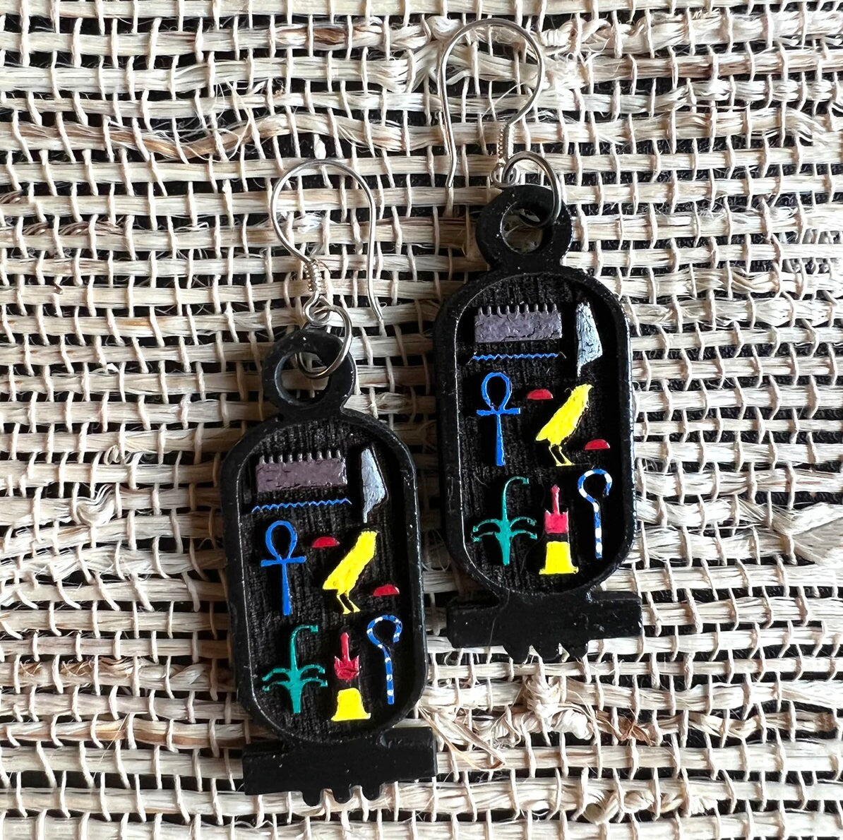 Tutankhamen, Ruler Of Heliopolis, The Northern City Of The Sun Earrings | Egyptian Hieroglyphs | Wood | Dangle Earring