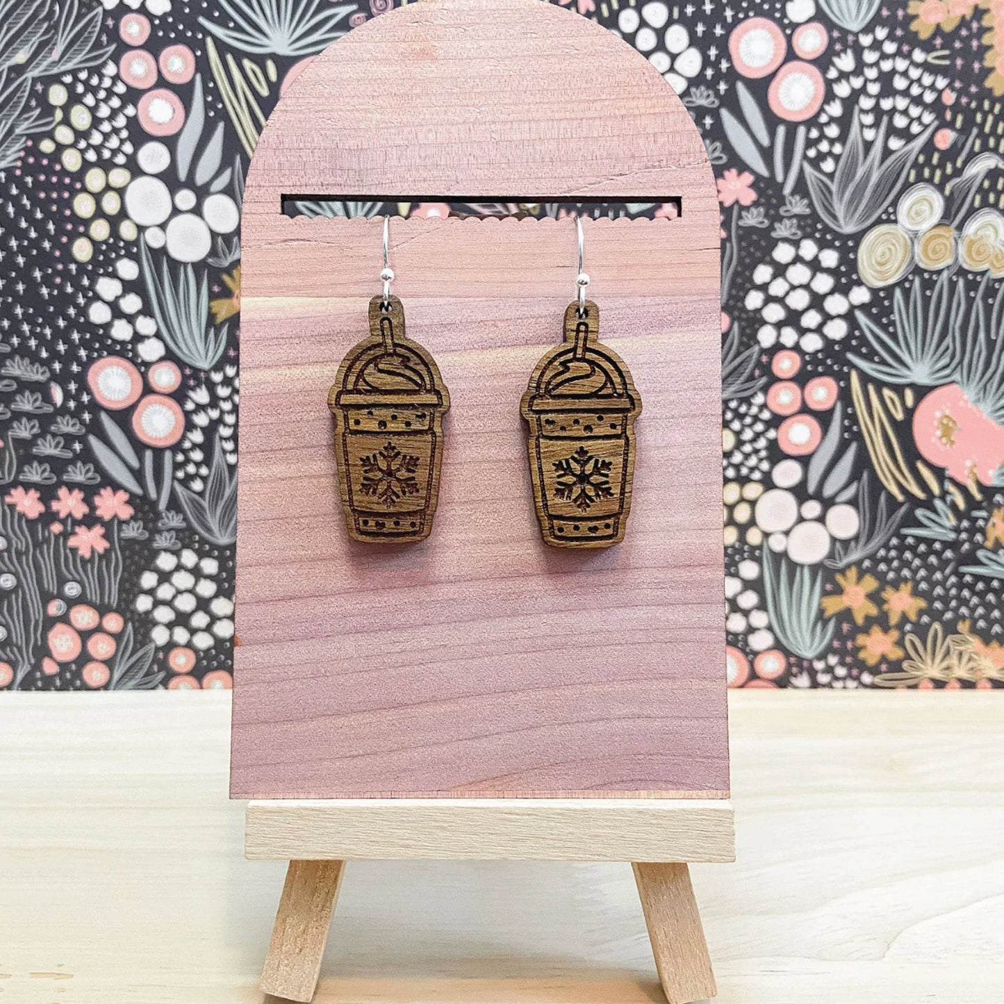 Winter Peppermint Coffee Earrings | Wood Coffee Shop | Dangle Earring
