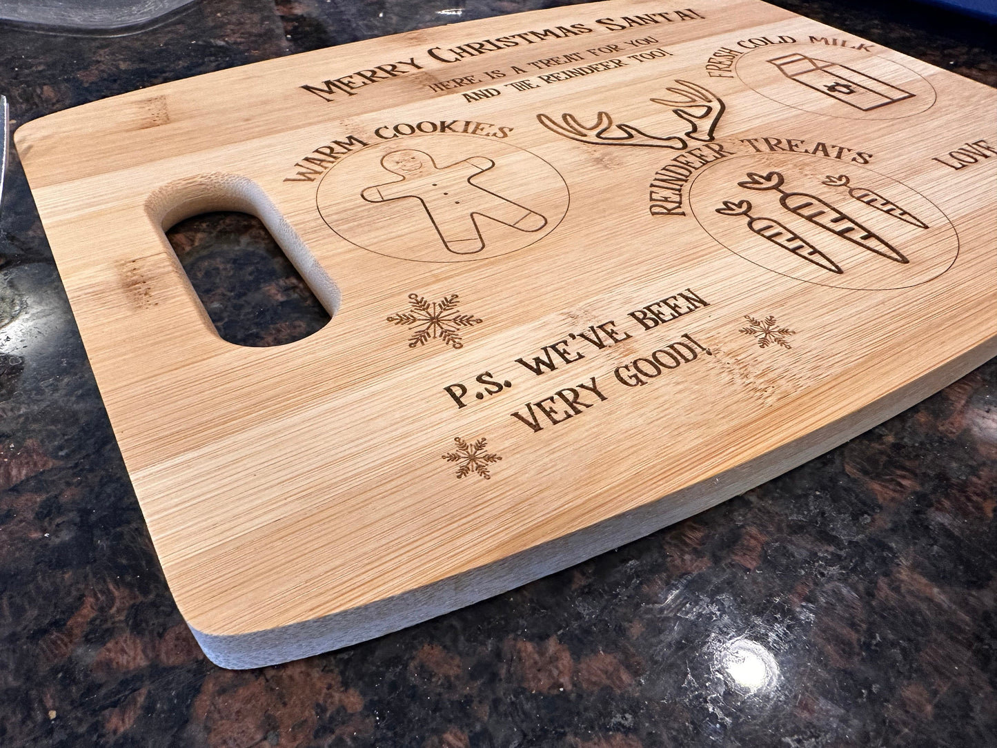 Santa Snacks For Christmas Eve | Merry Christmas Santa Claus | Cookies Milk Carrots | Reindeer | Children | Bamboo Cutting Board