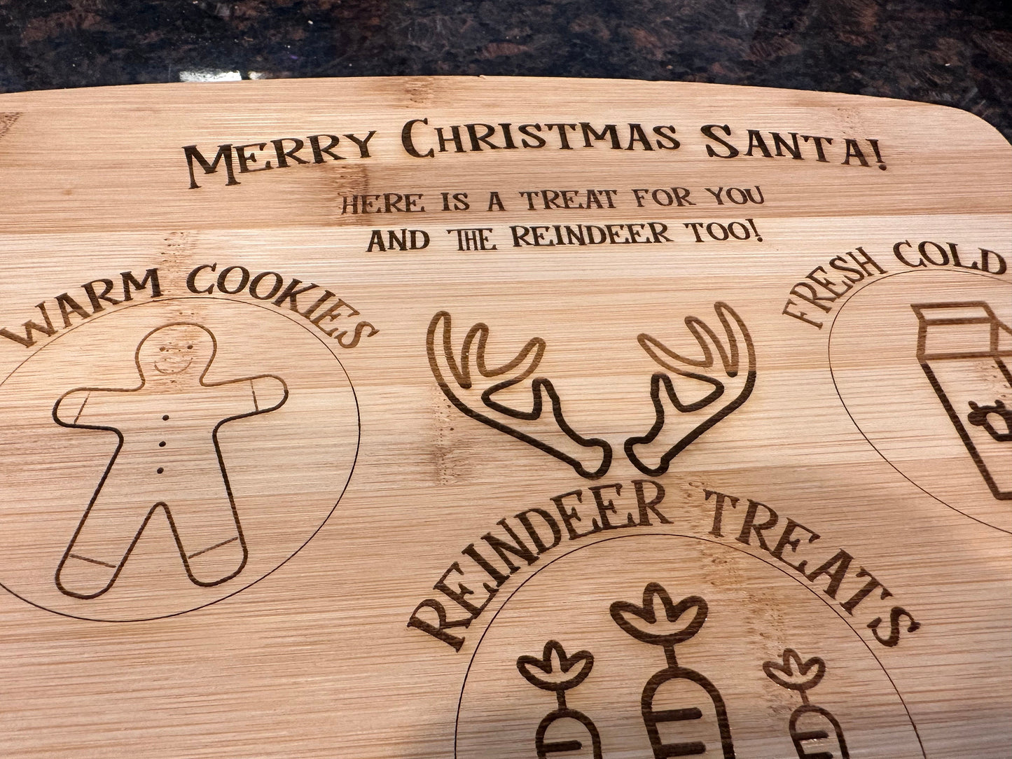 Santa Snacks For Christmas Eve | Merry Christmas Santa Claus | Cookies Milk Carrots | Reindeer | Children | Bamboo Cutting Board
