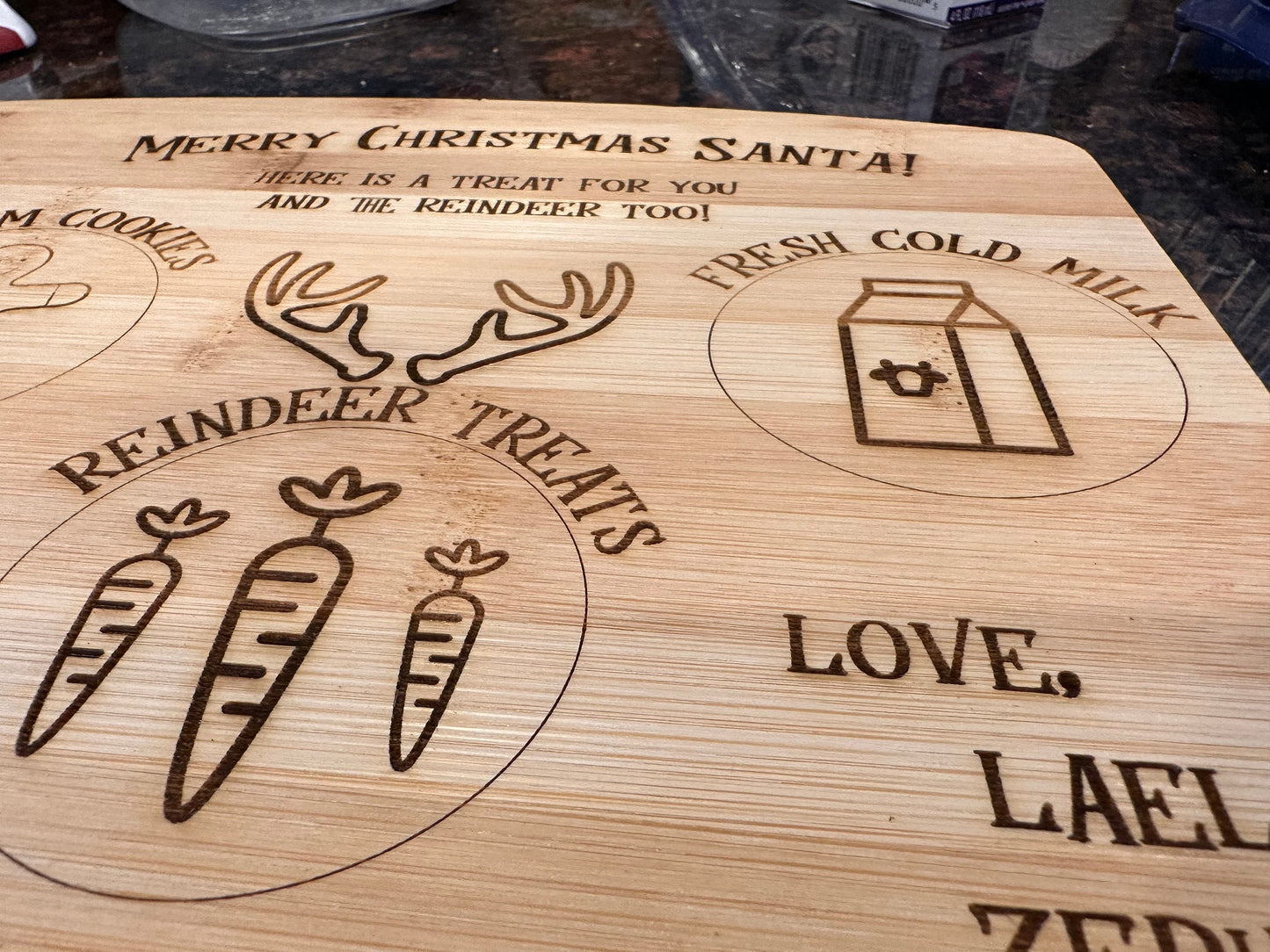 Santa Snacks For Christmas Eve | Merry Christmas Santa Claus | Cookies Milk Carrots | Reindeer | Children | Bamboo Cutting Board