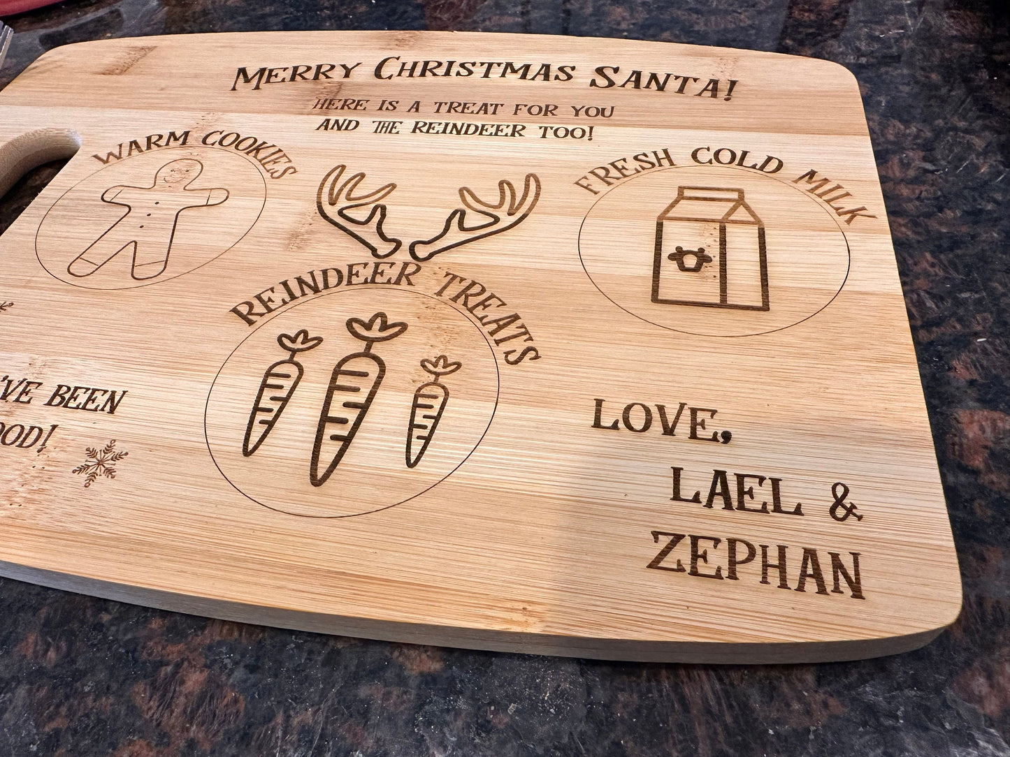 Santa Snacks For Christmas Eve | Merry Christmas Santa Claus | Cookies Milk Carrots | Reindeer | Children | Bamboo Cutting Board