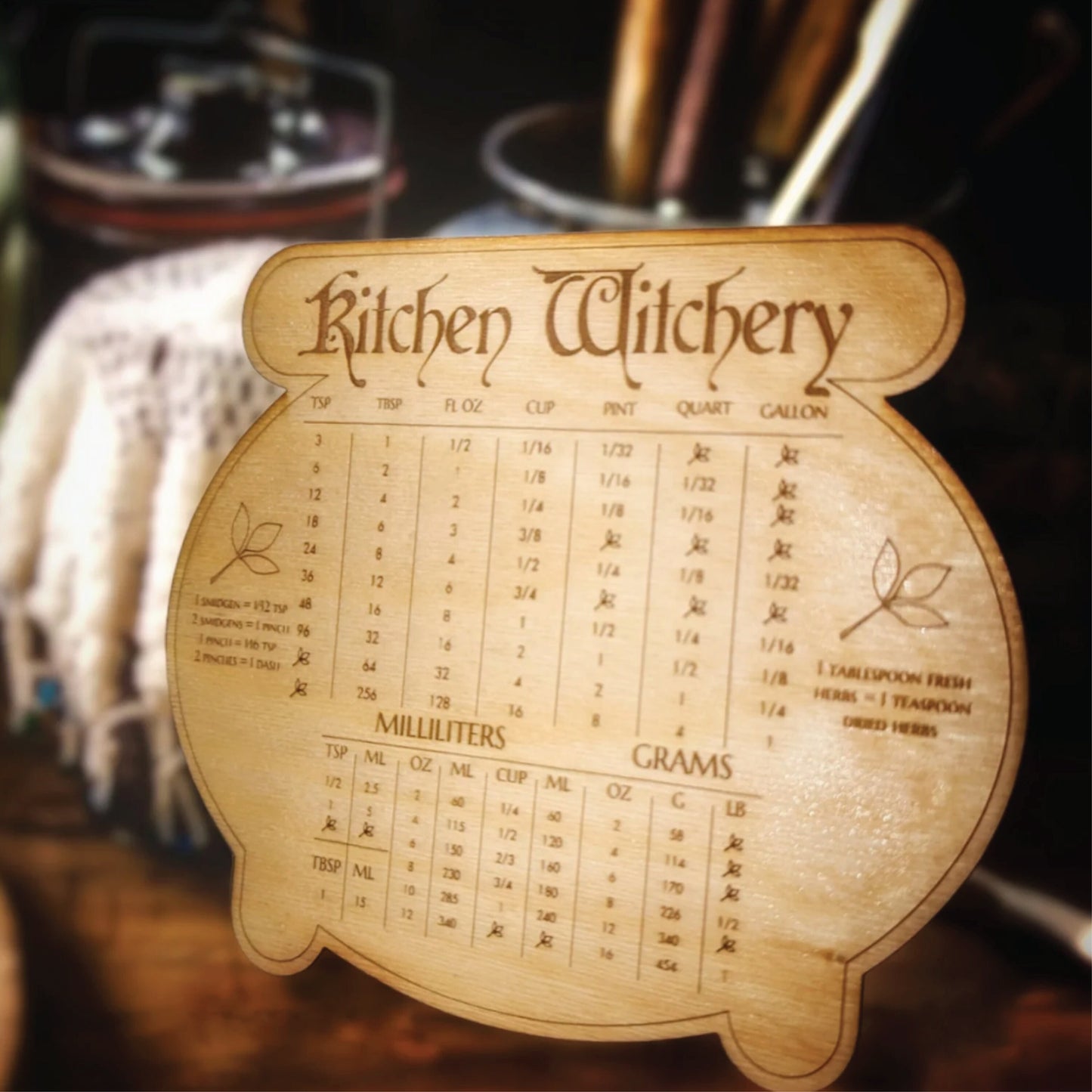 Kitchen Witch Conversion Chart | Dimensions: 11.4 x 9 in | Wood Home Decor