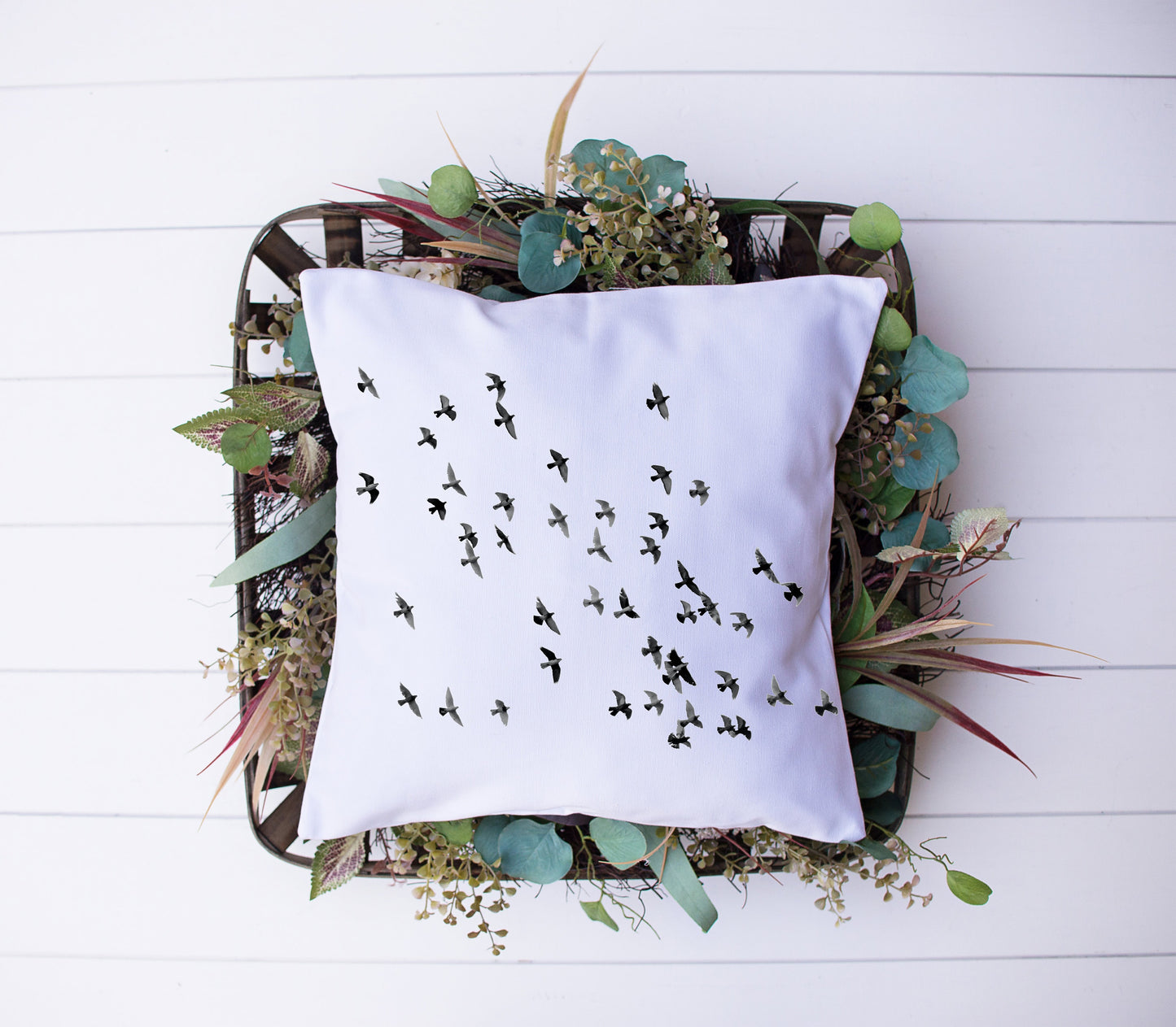Black and White Bird Flock In Flight Decorative Pillow | Custom Designed | Made In The USA