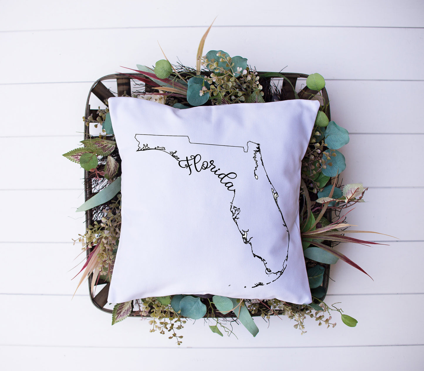 Map of Florida with Name Written In Calligraphy | Black and White Bird | Decorative Pillow | Custom Designed | Made In The USA