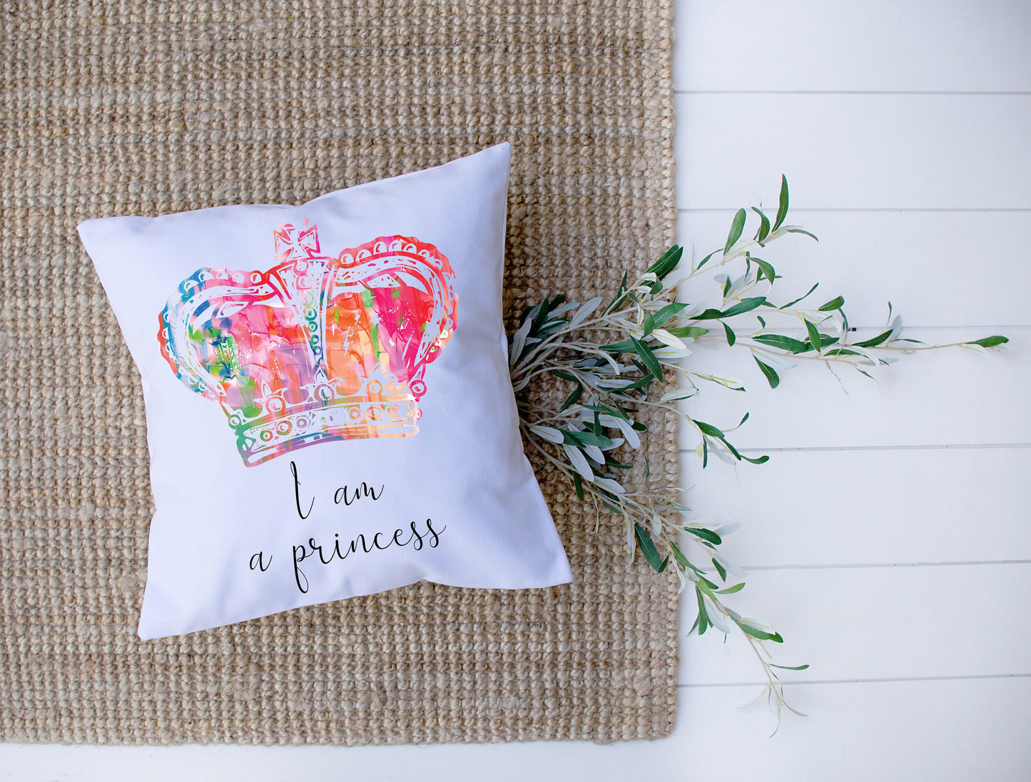 I Am A Princess | Black, White, Rainbow | Crown | Decorative Pillow | Custom Designed | Made In The USA