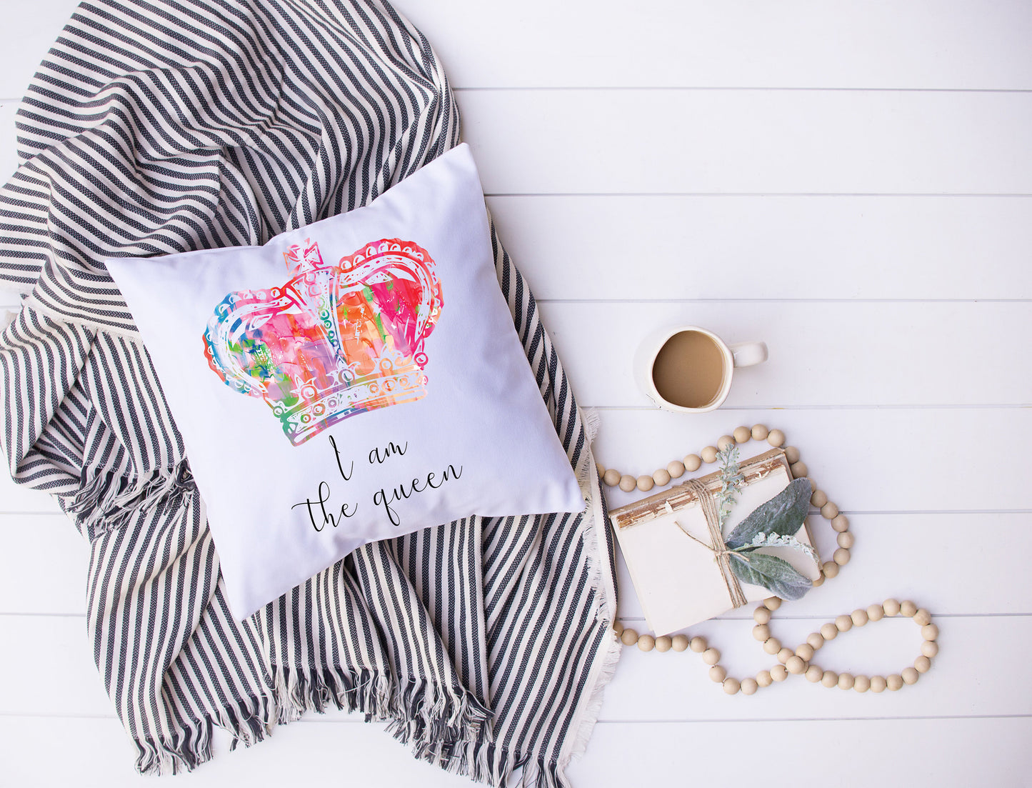 I Am The Queen | Black, White, Rainbow | Crown | Decorative Pillow | Custom Designed | Made In The USA