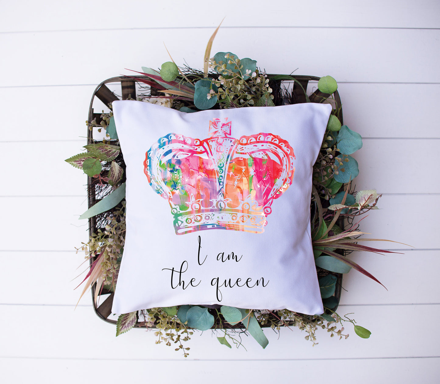 I Am The Queen | Black, White, Rainbow | Crown | Decorative Pillow | Custom Designed | Made In The USA