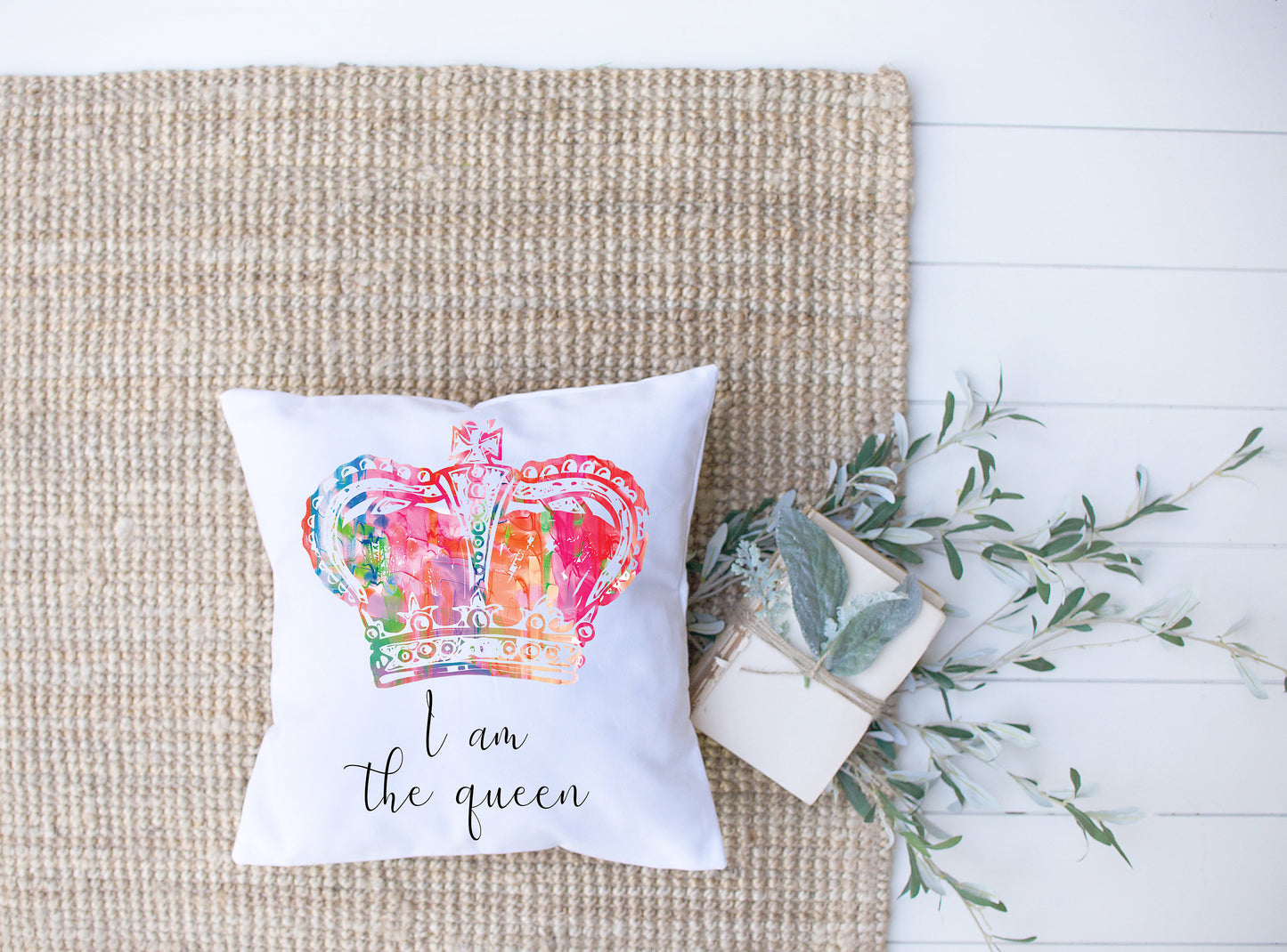 I Am The Queen | Black, White, Rainbow | Crown | Decorative Pillow | Custom Designed | Made In The USA